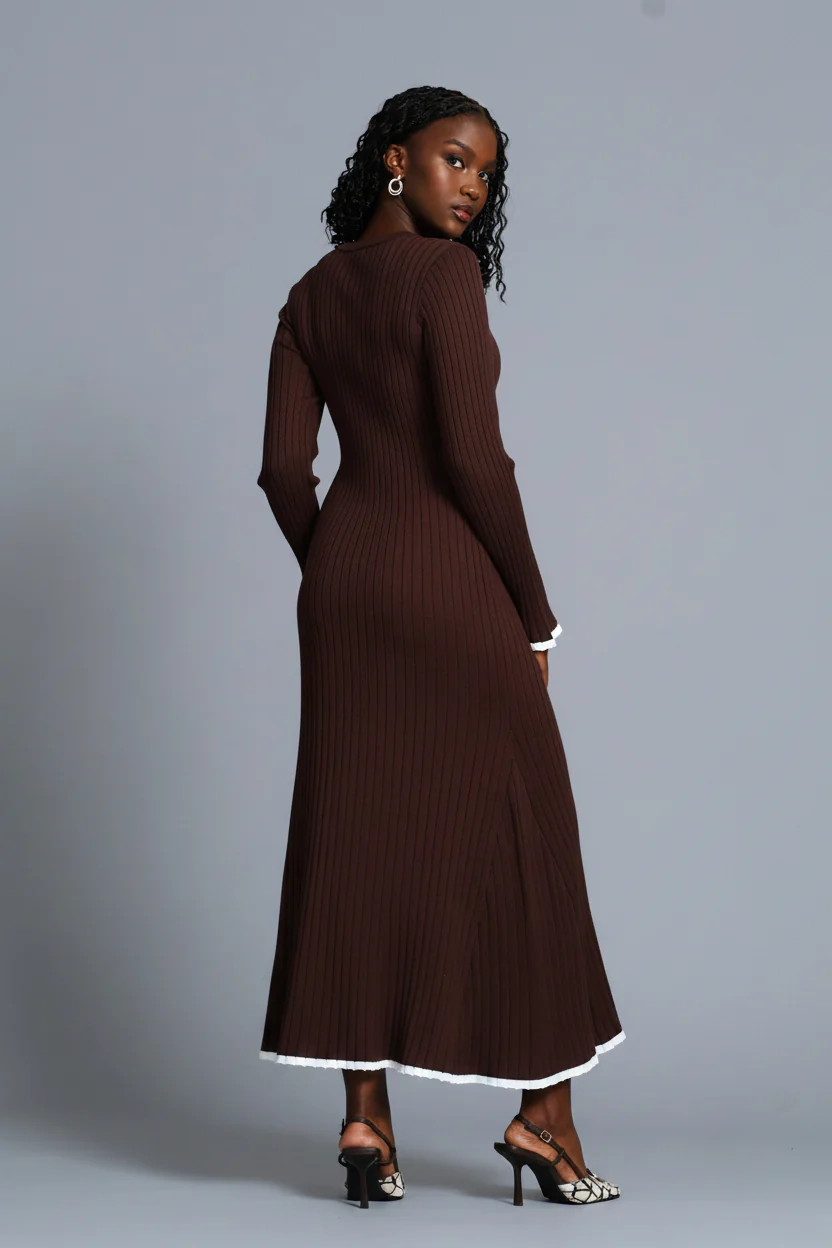Ribbed Belted Flared Knitwear Maxi Dress - Chocolate - Image 6