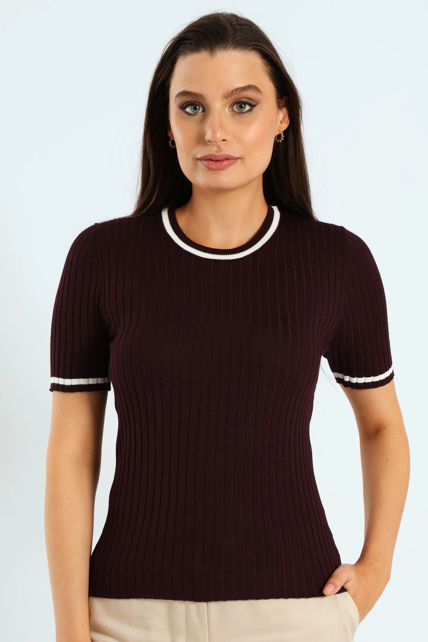 Ribbed Contrast Pullover - Chocolate - Image 2