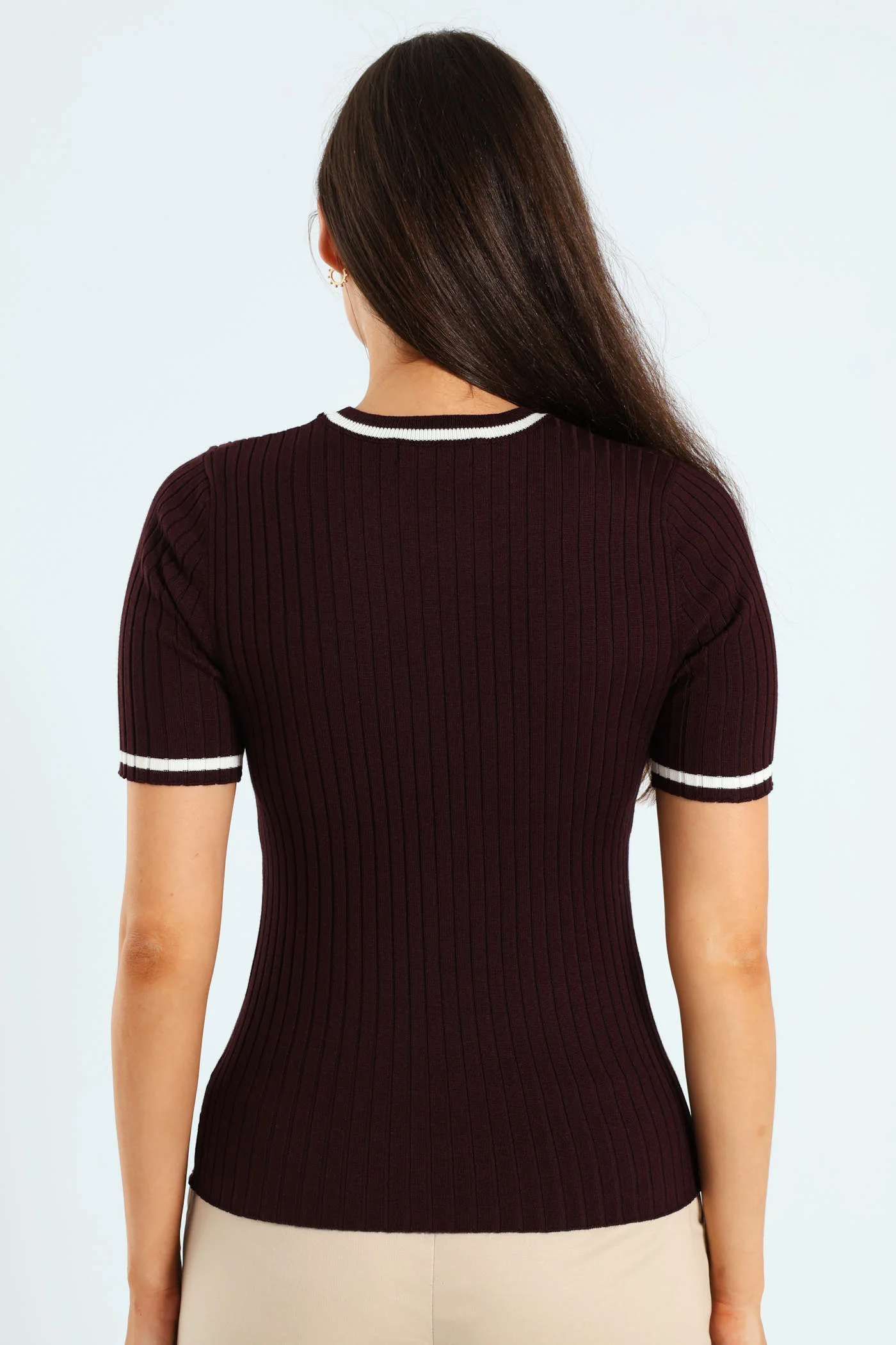 Ribbed Contrast Pullover - Chocolate - Image 4