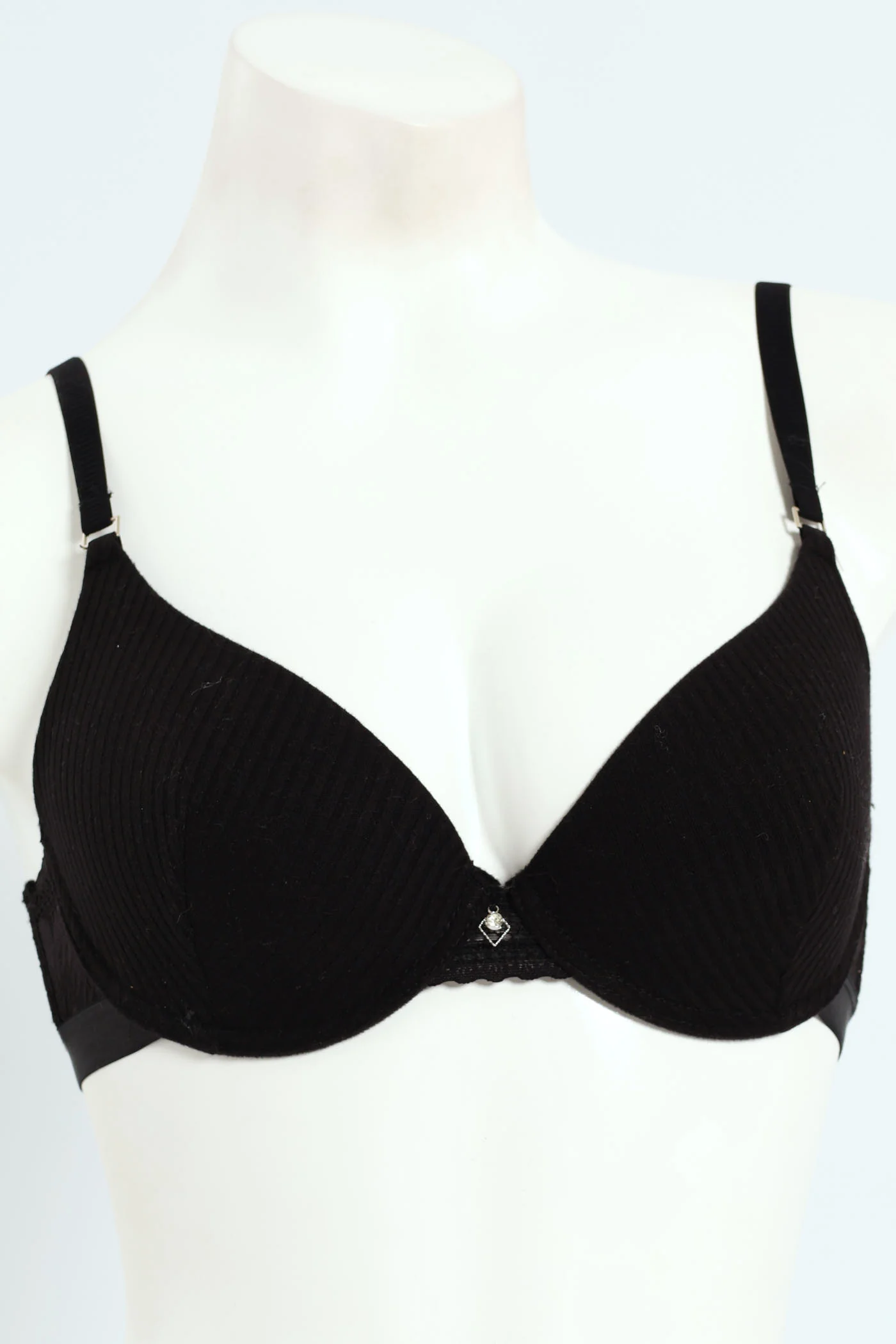 Ribbed Cotton & Lace Plunge T-Shirt Bra - Black - Image 5