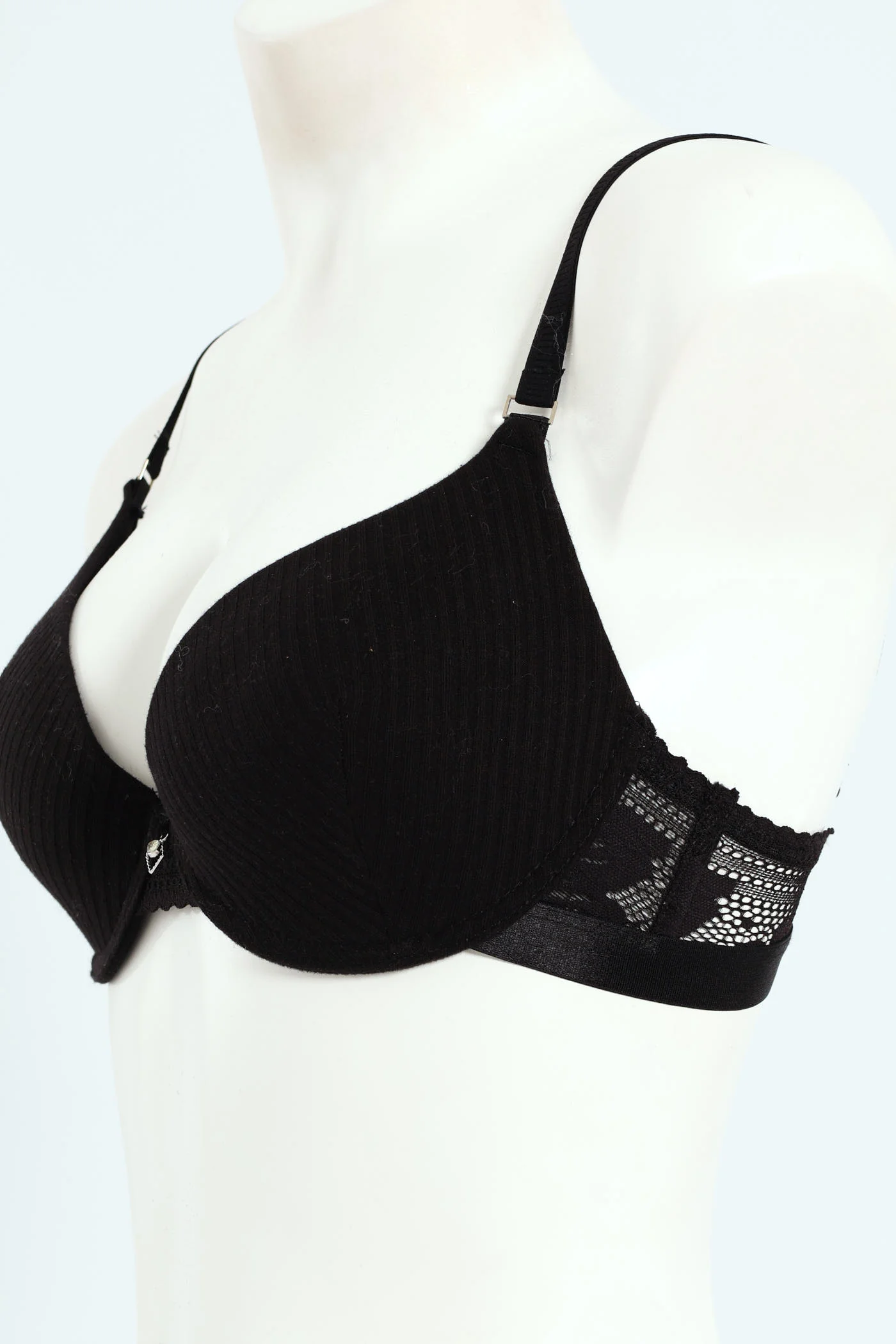 Ribbed Cotton & Lace Plunge T-Shirt Bra - Black - Image 7