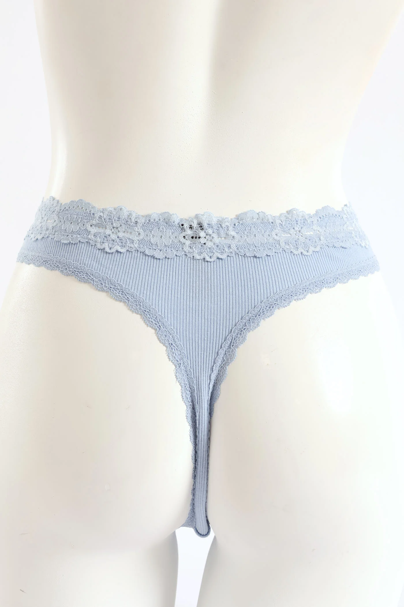 Ribbed Cotton Lace Trim Thong Panty - Blue - Image 2