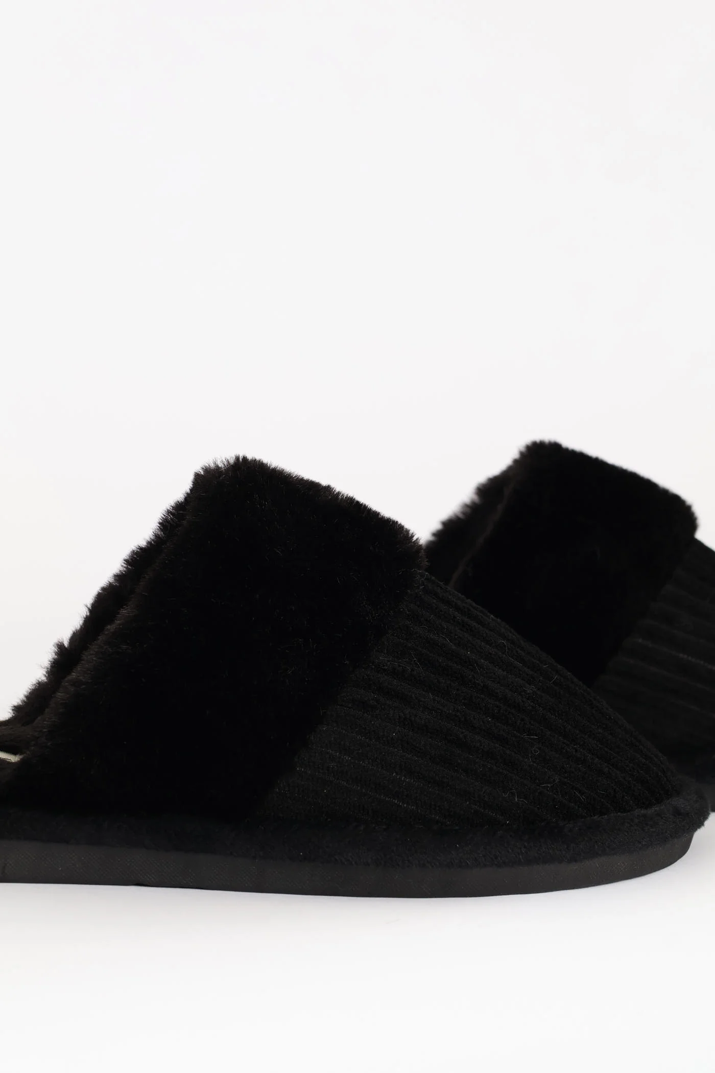Ribbed Detail Plain Upper Slipper - Black - Image 2