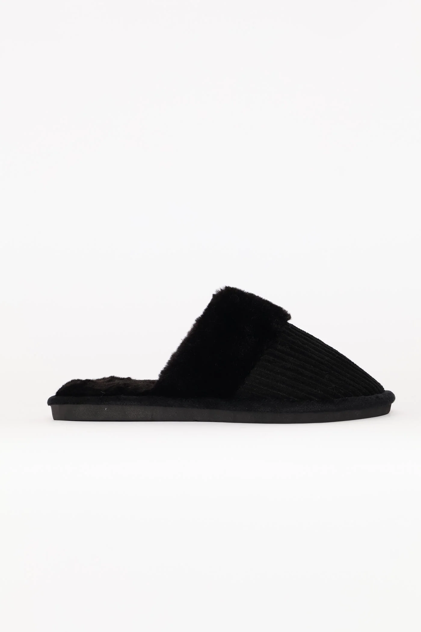 Ribbed Detail Plain Upper Slipper - Black - Image 4