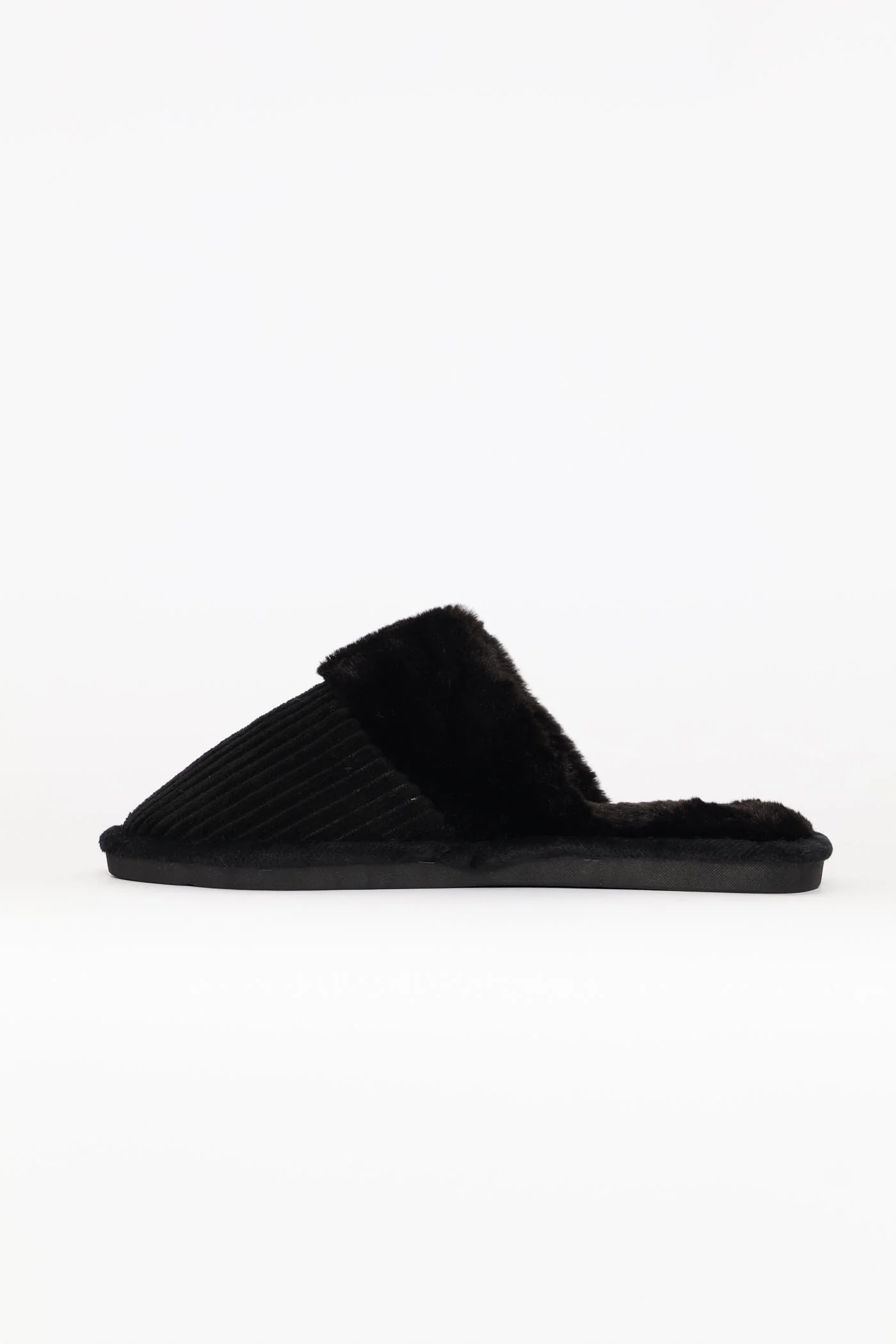 Ribbed Detail Plain Upper Slipper - Black - Image 5