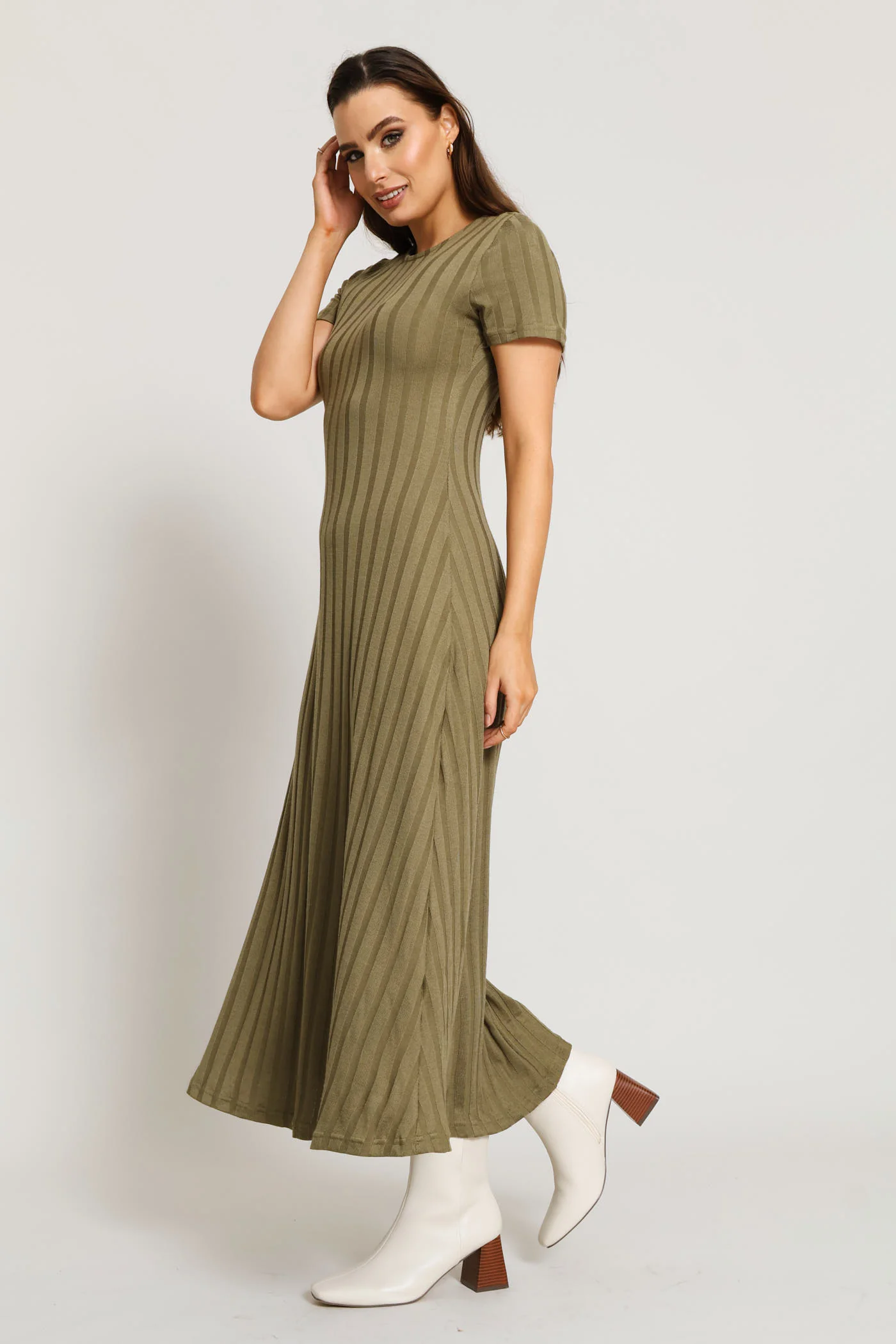 Ribbed Fit & Flare Cut & Sew Midaxi Dress - Olive - Image 2