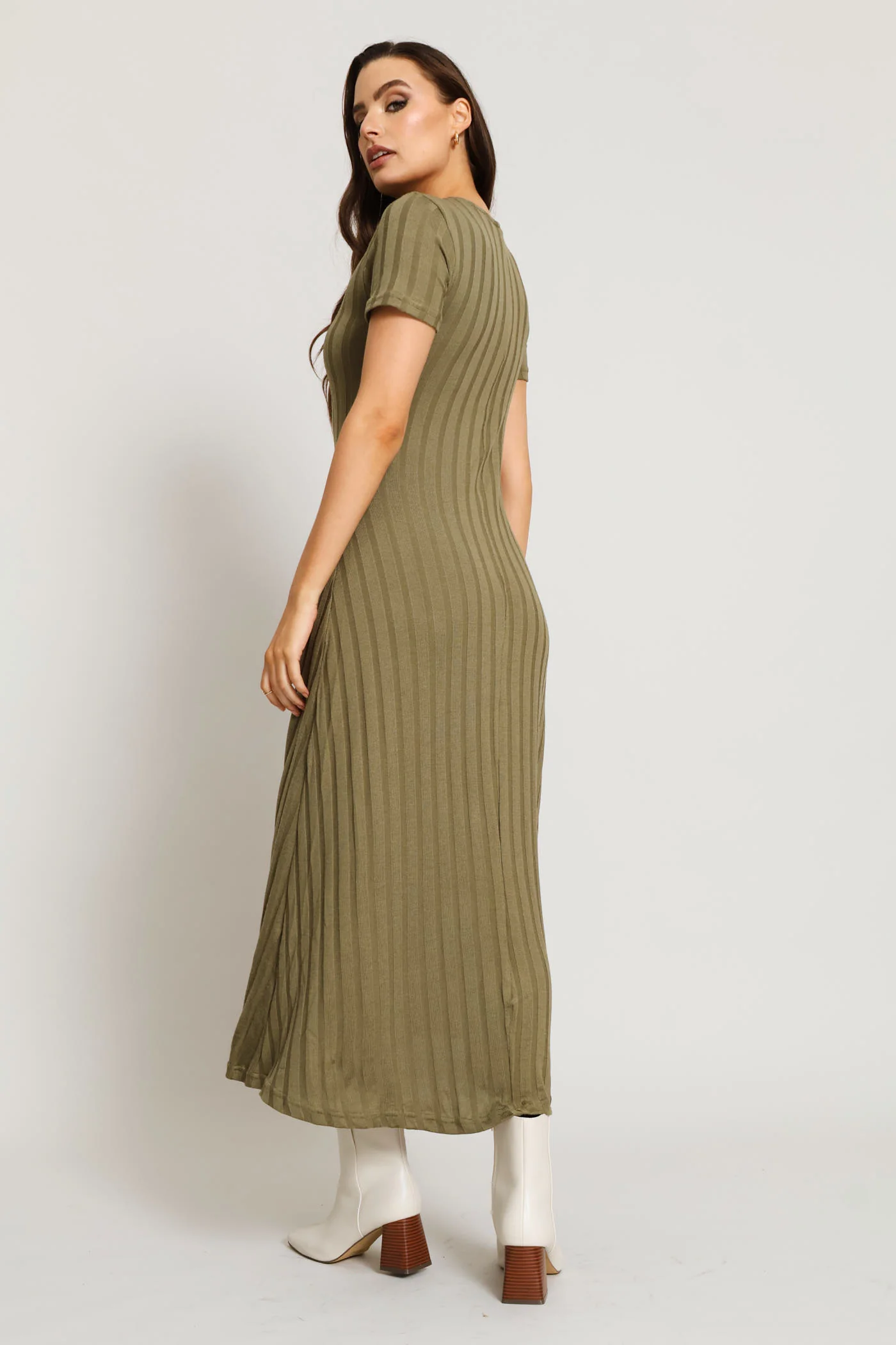 Ribbed Fit & Flare Cut & Sew Midaxi Dress - Olive - Image 3