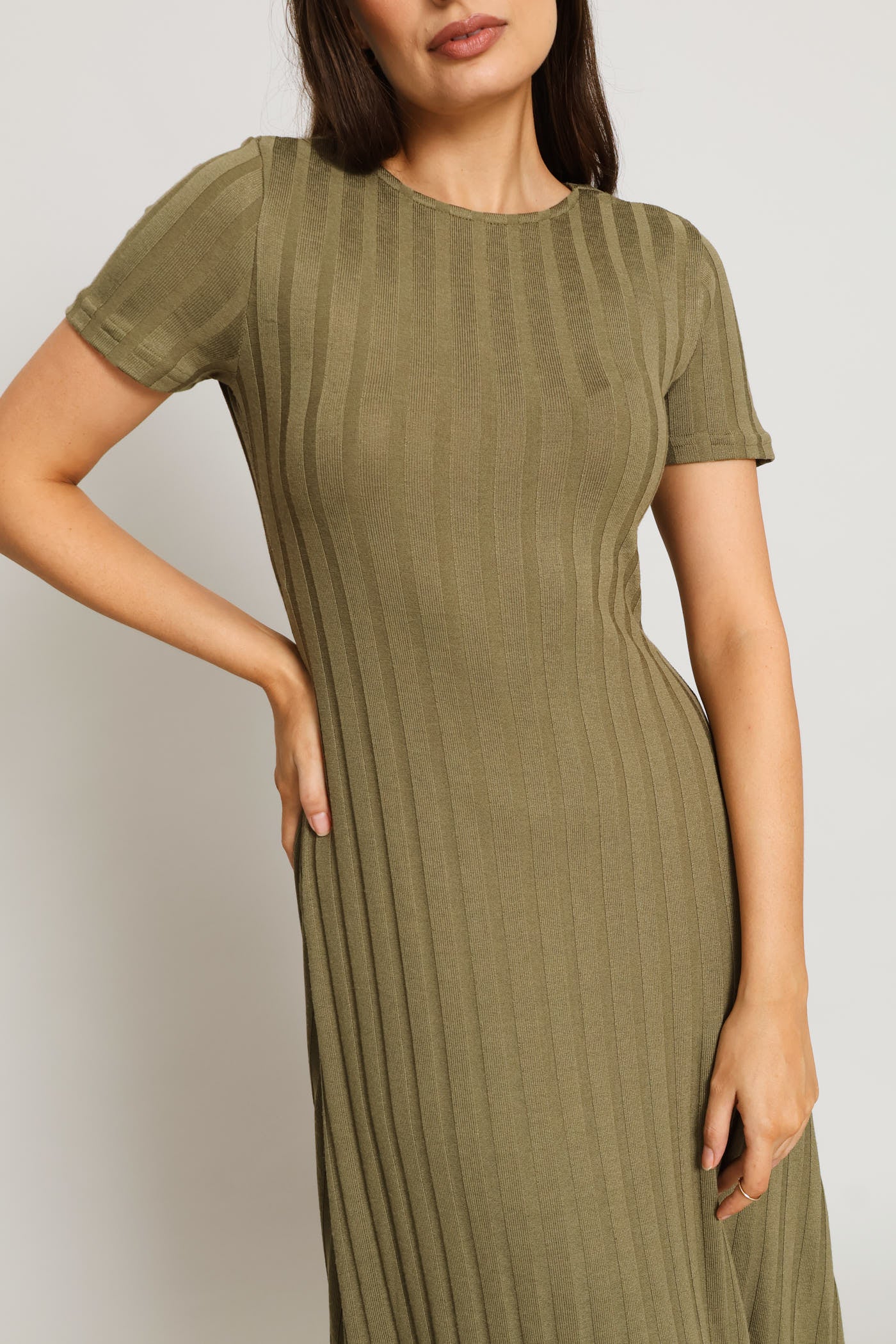 Ribbed Fit & Flare Cut & Sew Midaxi Dress - Olive - Image 4