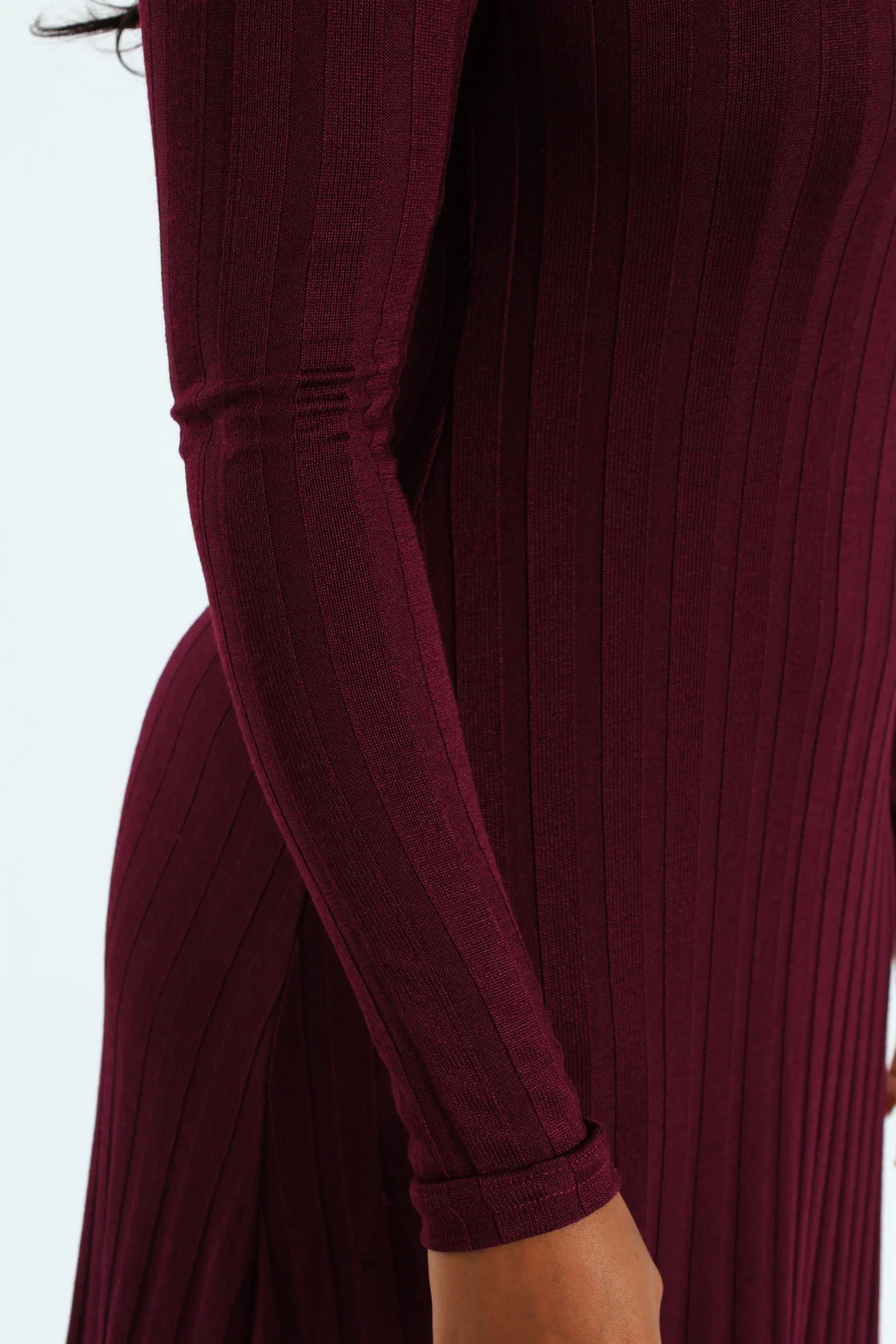 Ribbed Fit Flare Cut & Sew Midaxi Dress - Burgundy - Image 2