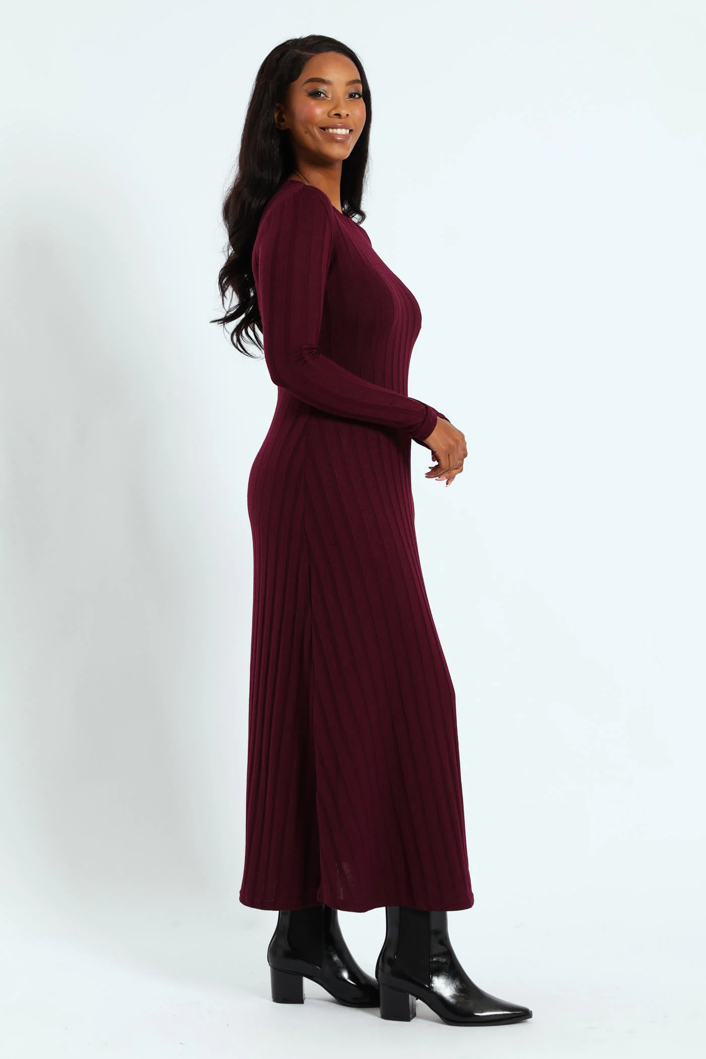 Ribbed Fit Flare Cut & Sew Midaxi Dress - Burgundy - Image 3