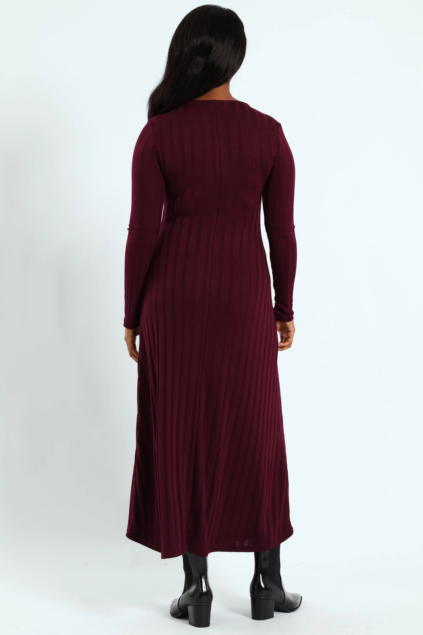Ribbed Fit Flare Cut & Sew Midaxi Dress - Burgundy - Image 4
