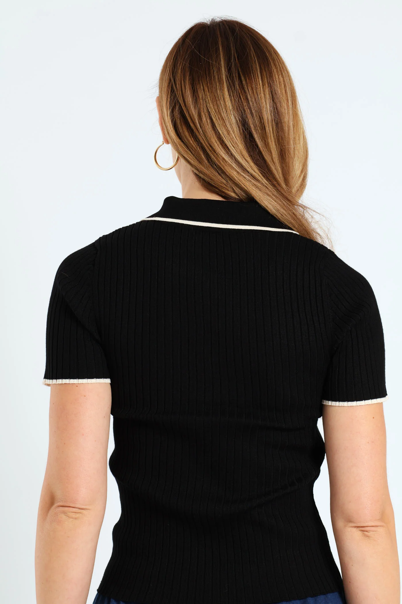 Ribbed Knitwear Golfer - Black/Cream - Image 4