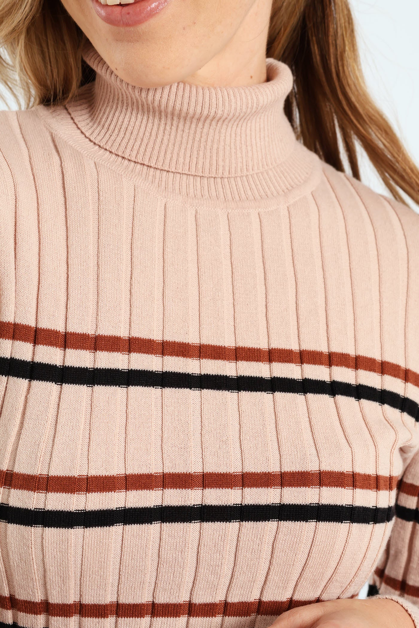 Ribbed Striped Poloneck - Black/Brown - Image 2