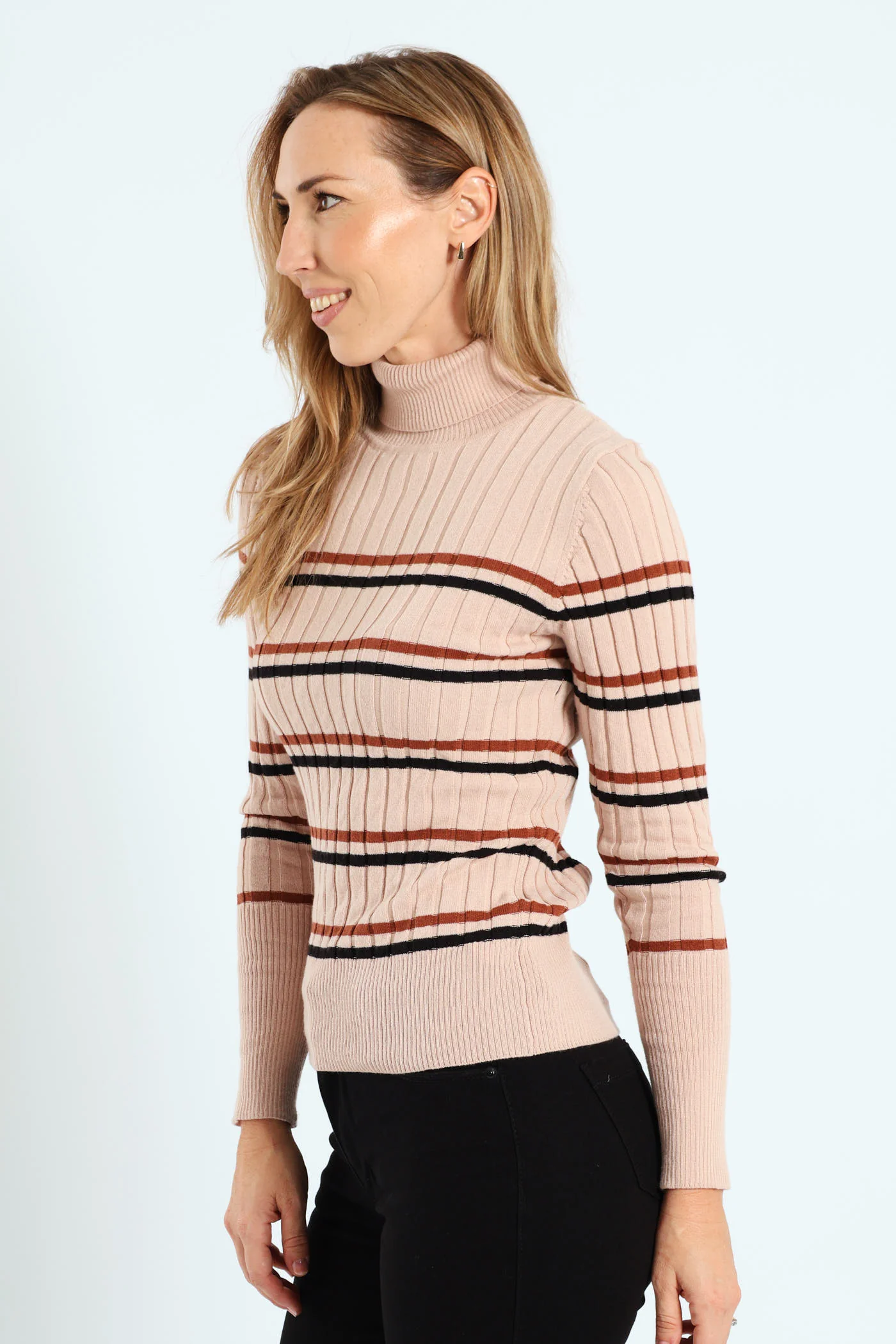 Ribbed Striped Poloneck - Black/Brown - Image 3