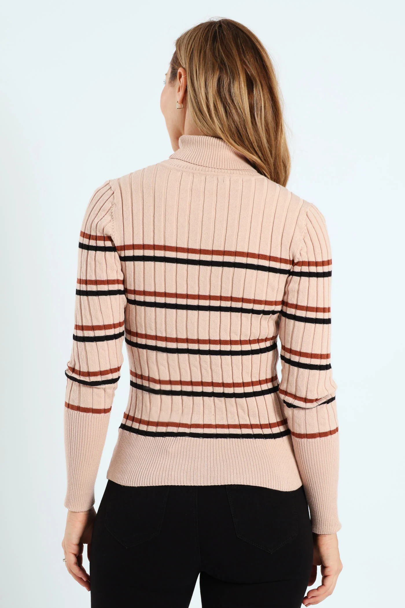Ribbed Striped Poloneck - Black/Brown - Image 4