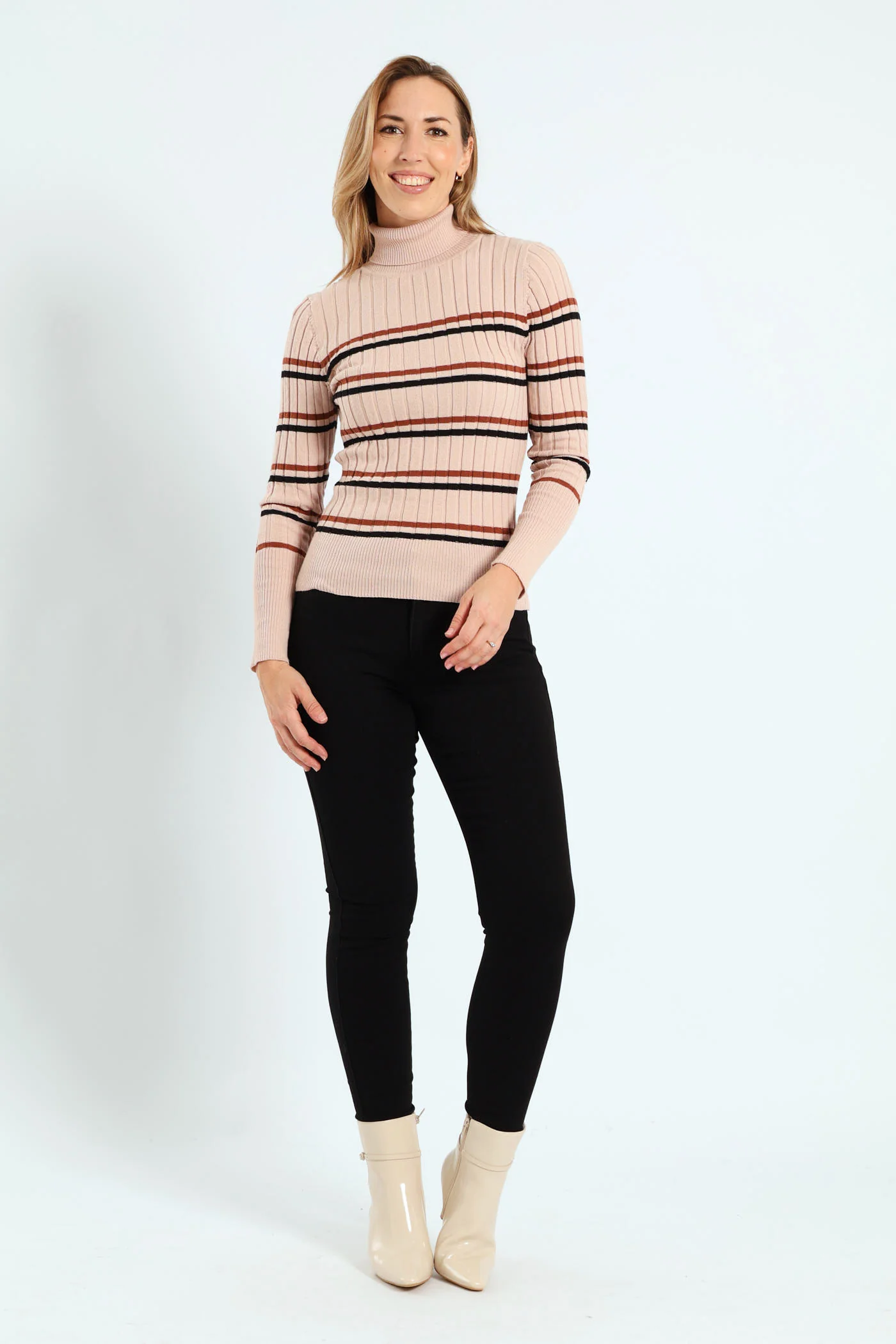 Ribbed Striped Poloneck - Black/Brown - Image 5