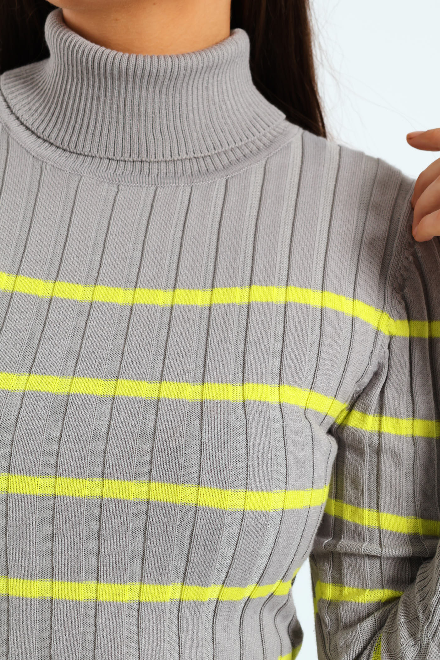 Ribbed Striped Poloneck - Grey/Lime - Image 2