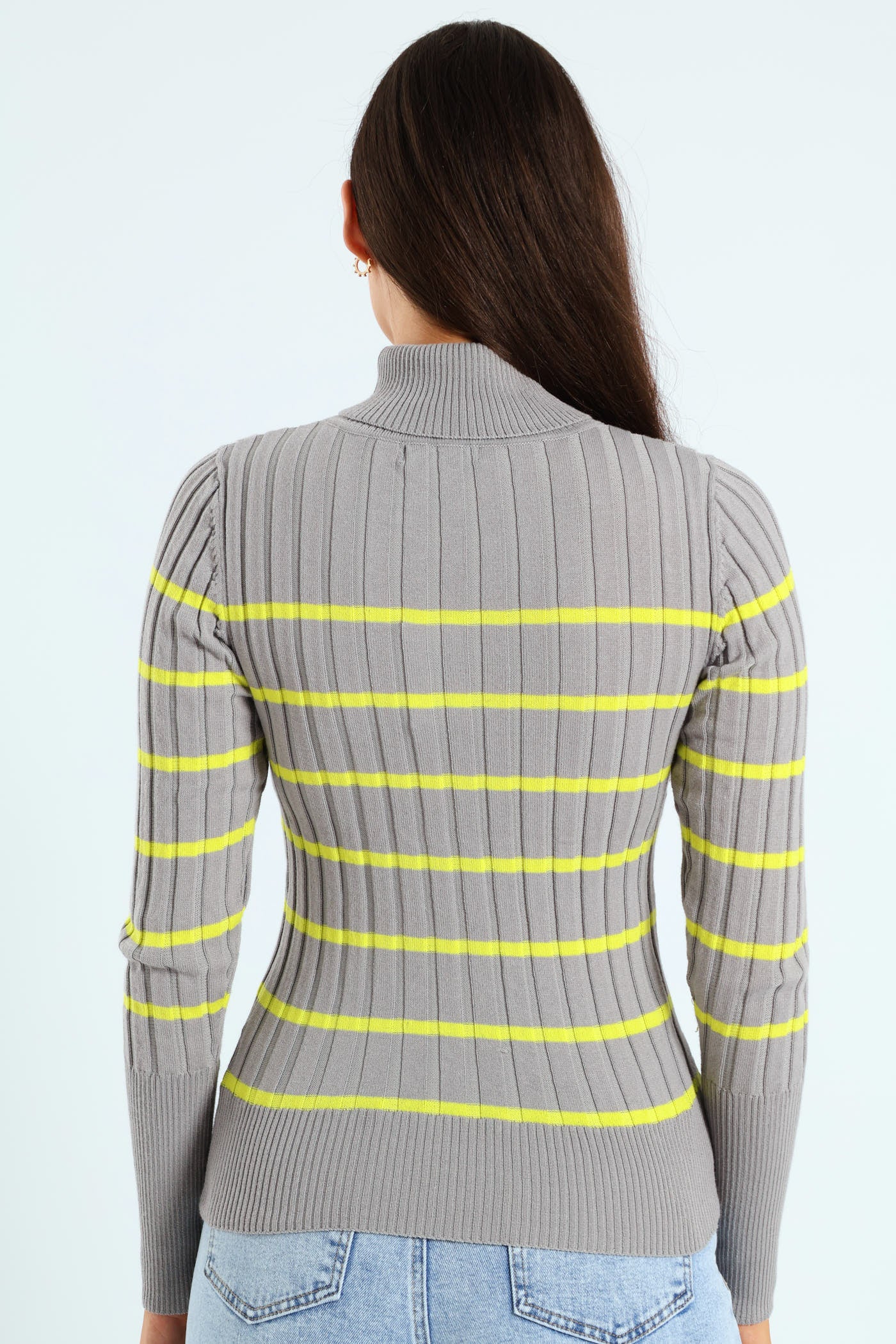 Ribbed Striped Poloneck - Grey/Lime - Image 3