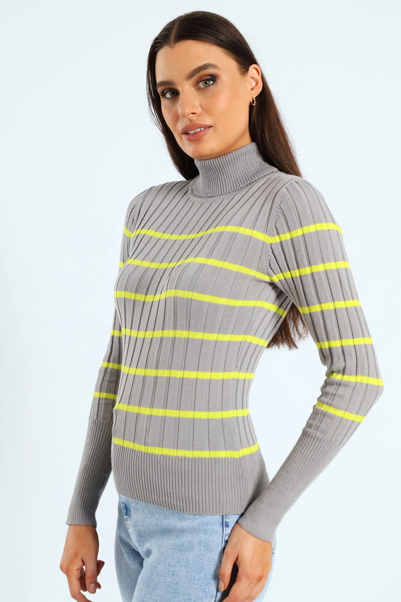 Ribbed Striped Poloneck - Grey/Lime - Image 4