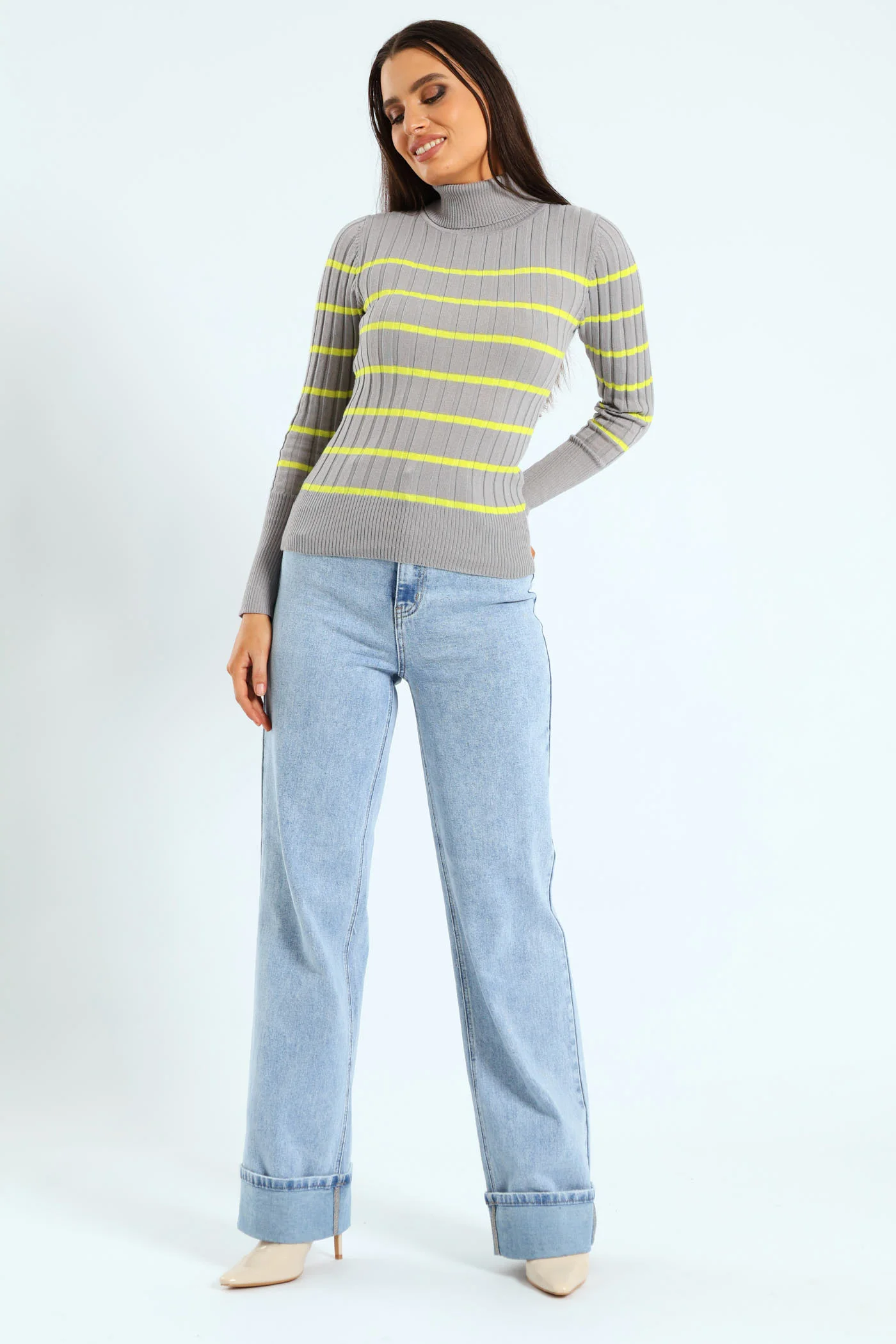 Ribbed Striped Poloneck - Grey/Lime - Image 5