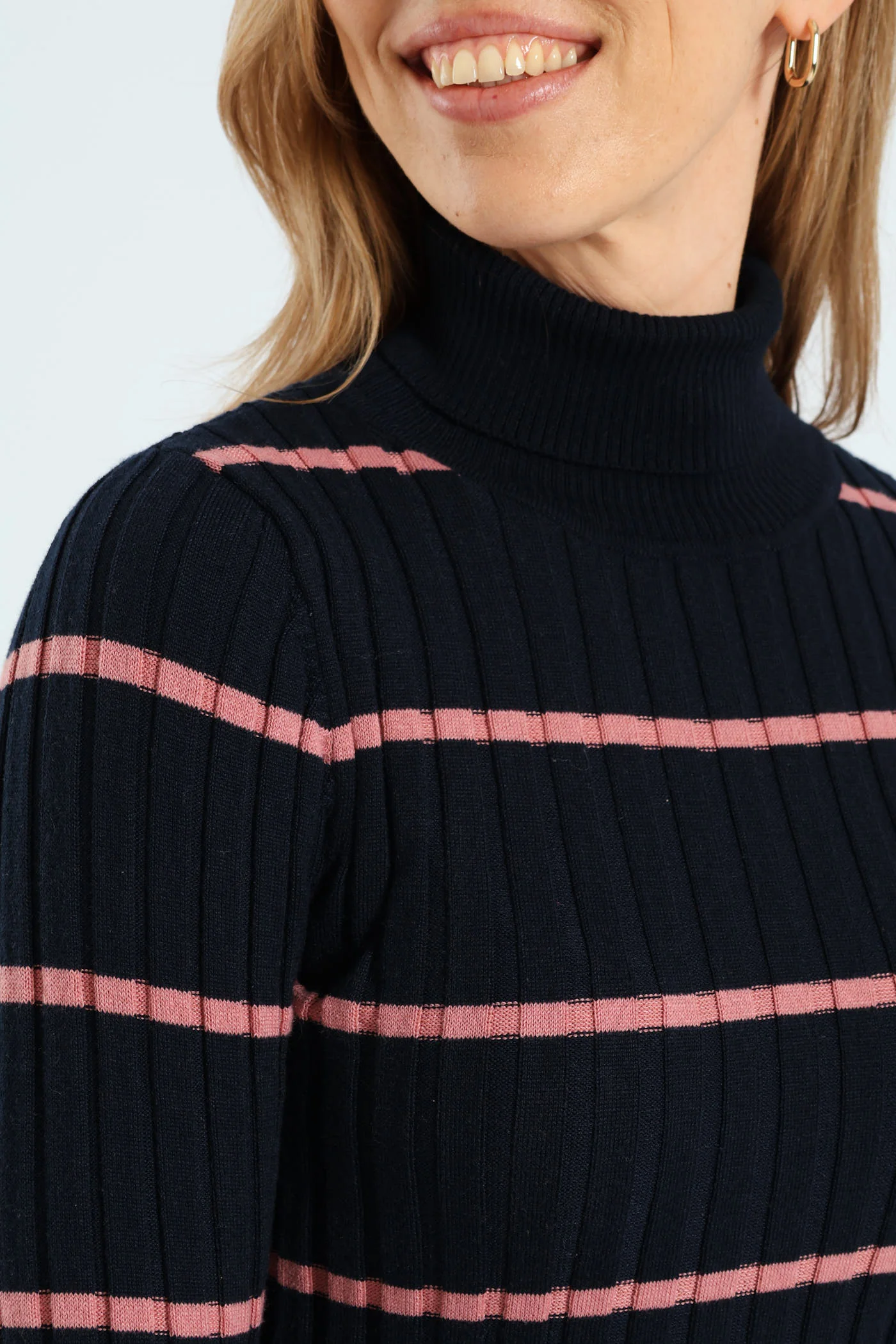 Ribbed Striped Poloneck - Navy/Blush - Image 2