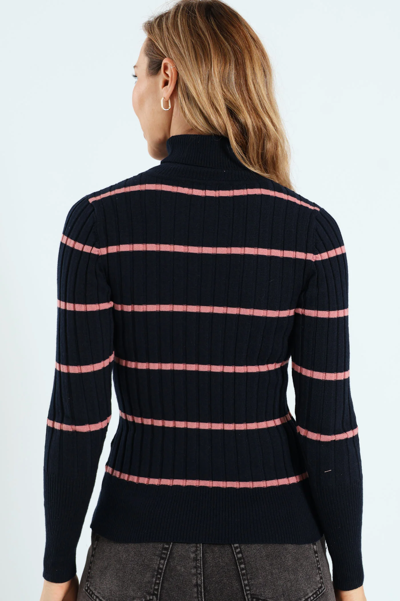 Ribbed Striped Poloneck - Navy/Blush - Image 4