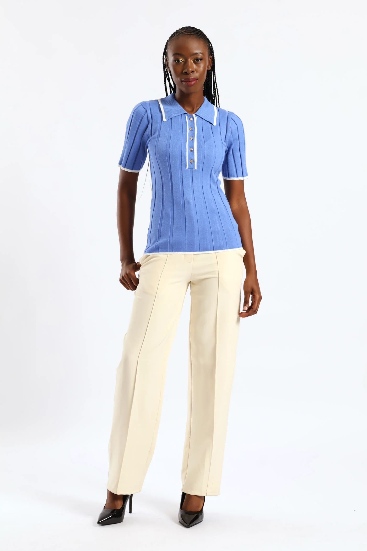 Ribbed Tipped Fancy Button Golfer - Blue - Image 4