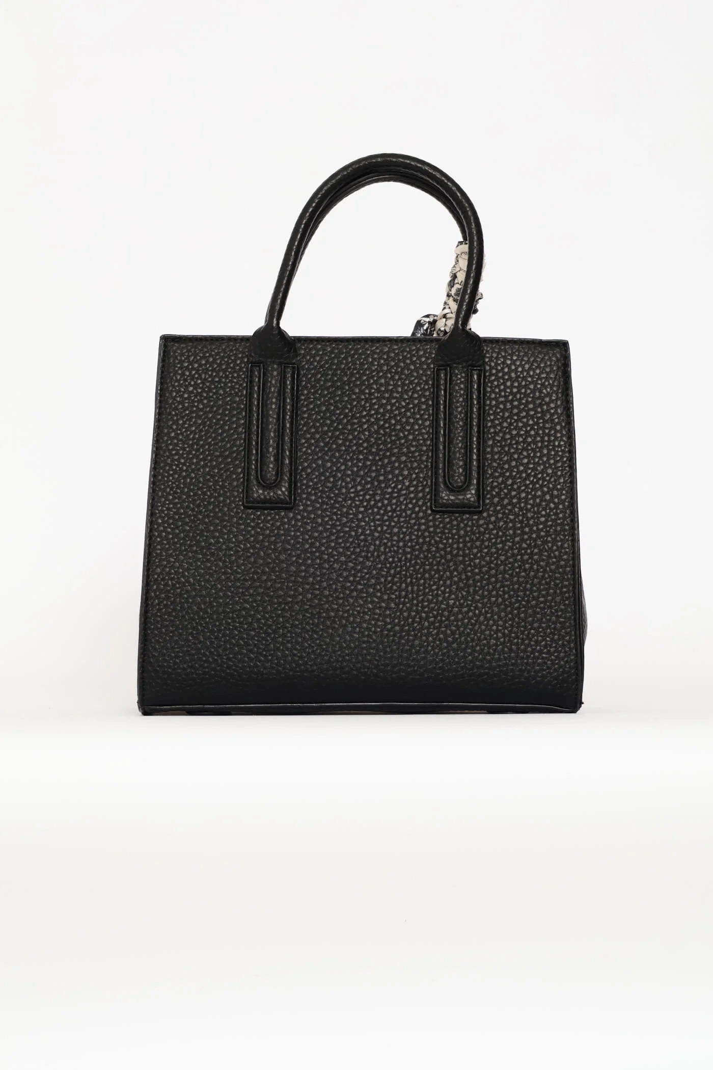 Ribbon Detail Top Handle Large Tote Bag - Black - Image 4