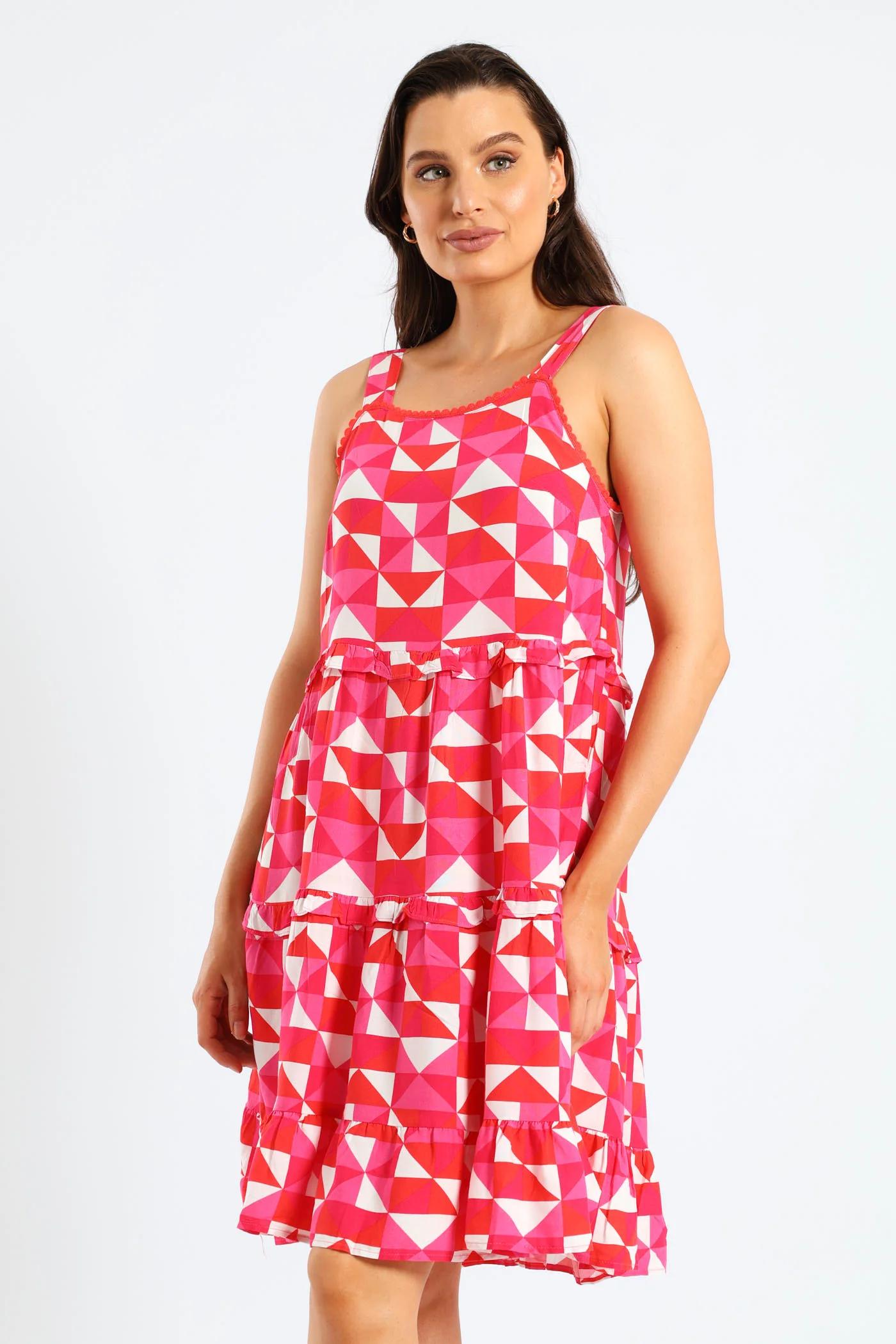 Rickrack Detail Tiered Mini Sun Dress - White/Pink - Image 2