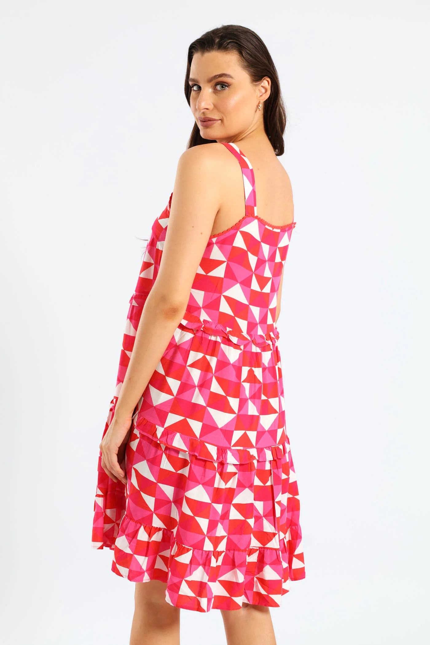 Rickrack Detail Tiered Mini Sun Dress - White/Pink - Image 3