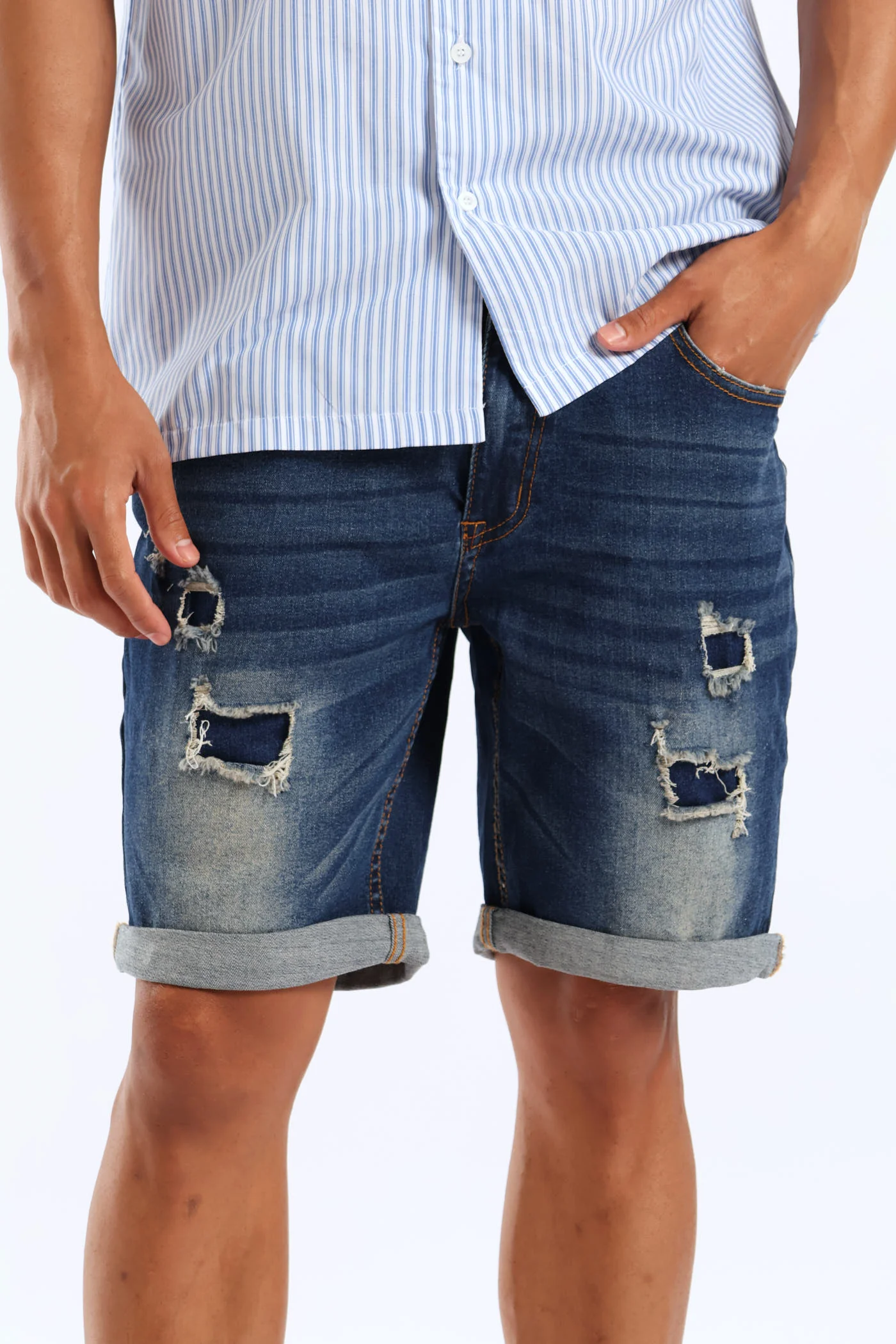 Rip & Repair Denim Shorts - Dark Blue Wash - Image 2