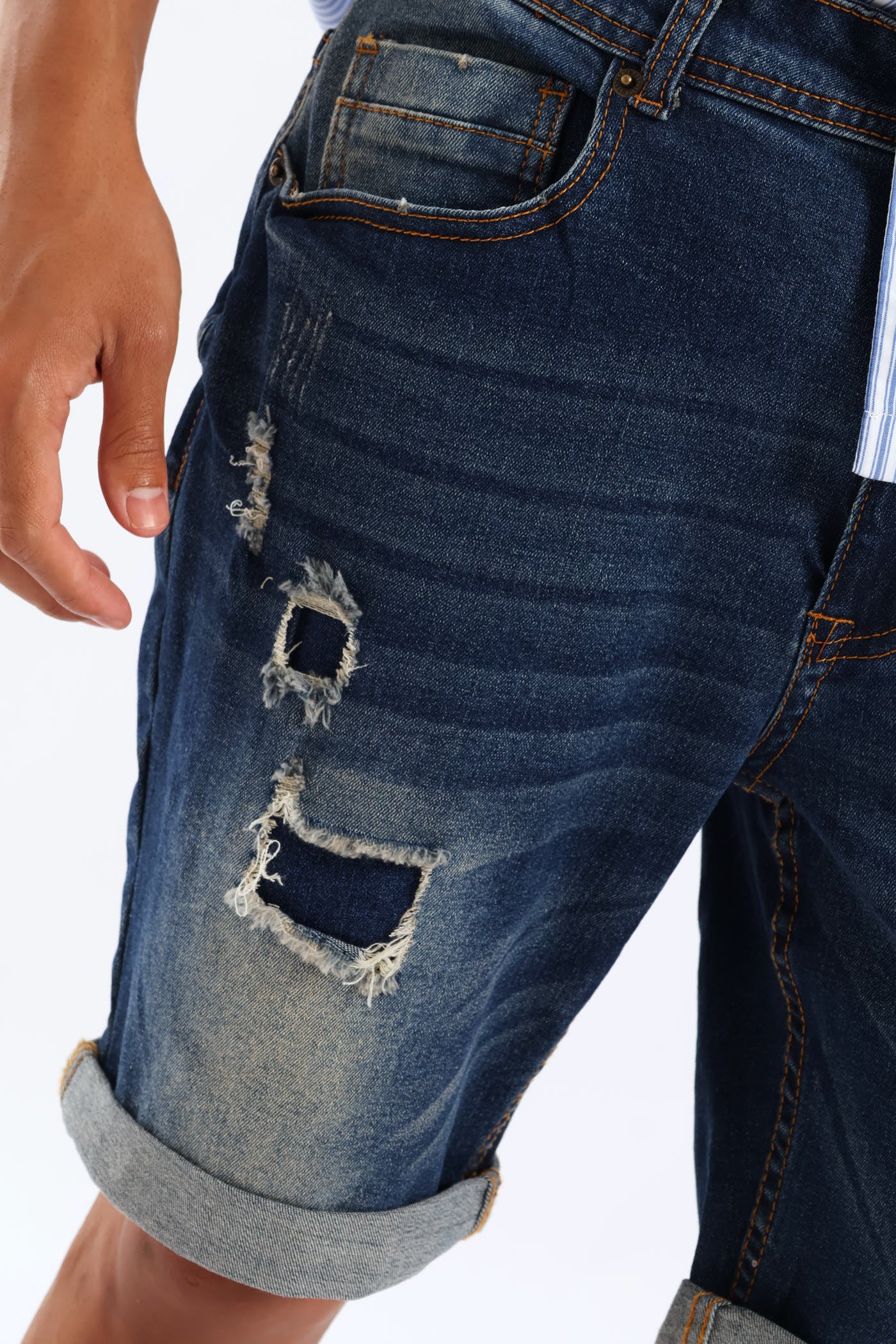 Rip & Repair Denim Shorts - Dark Blue Wash - Image 3