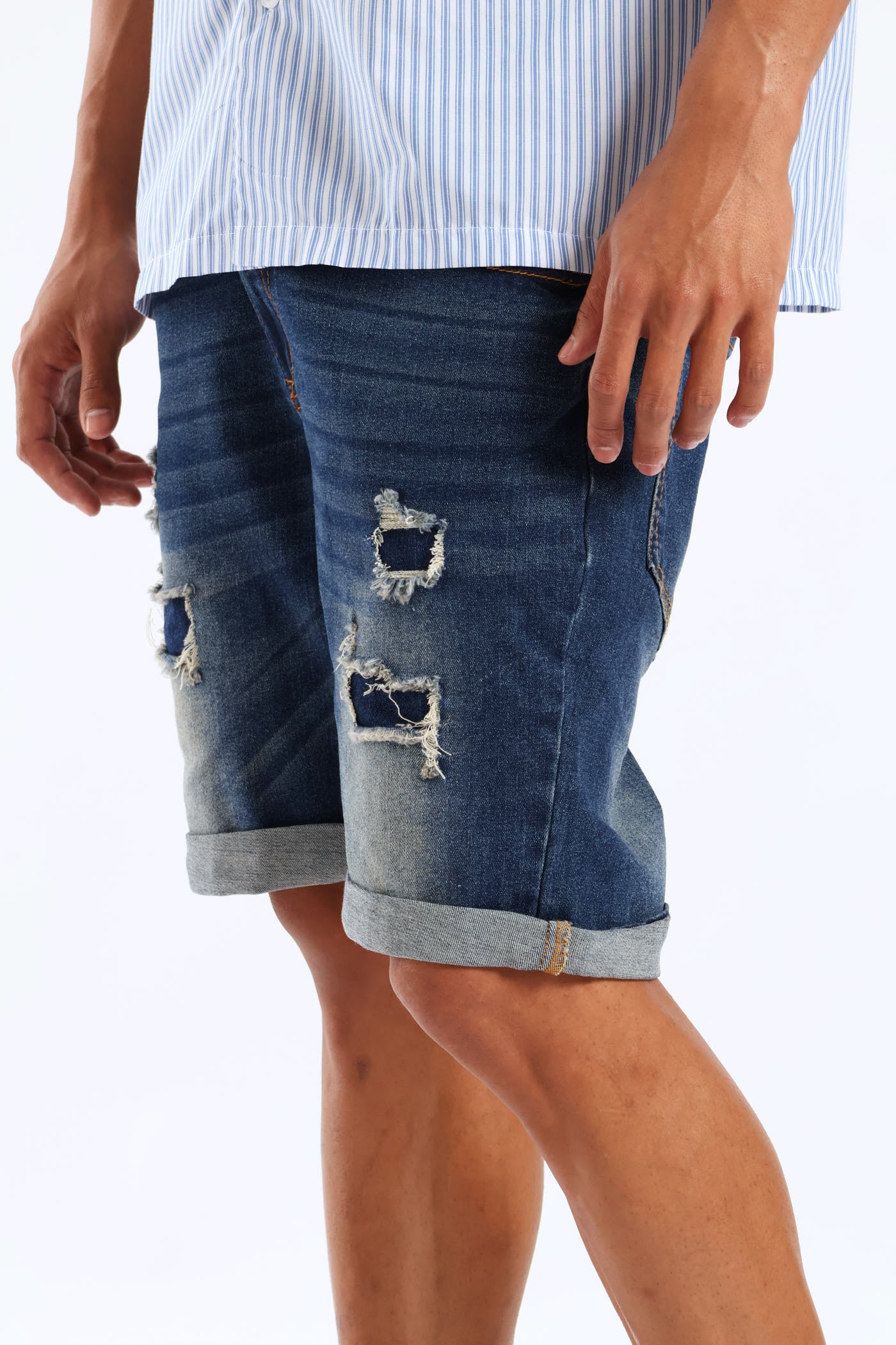 Rip & Repair Denim Shorts - Dark Blue Wash - Image 5