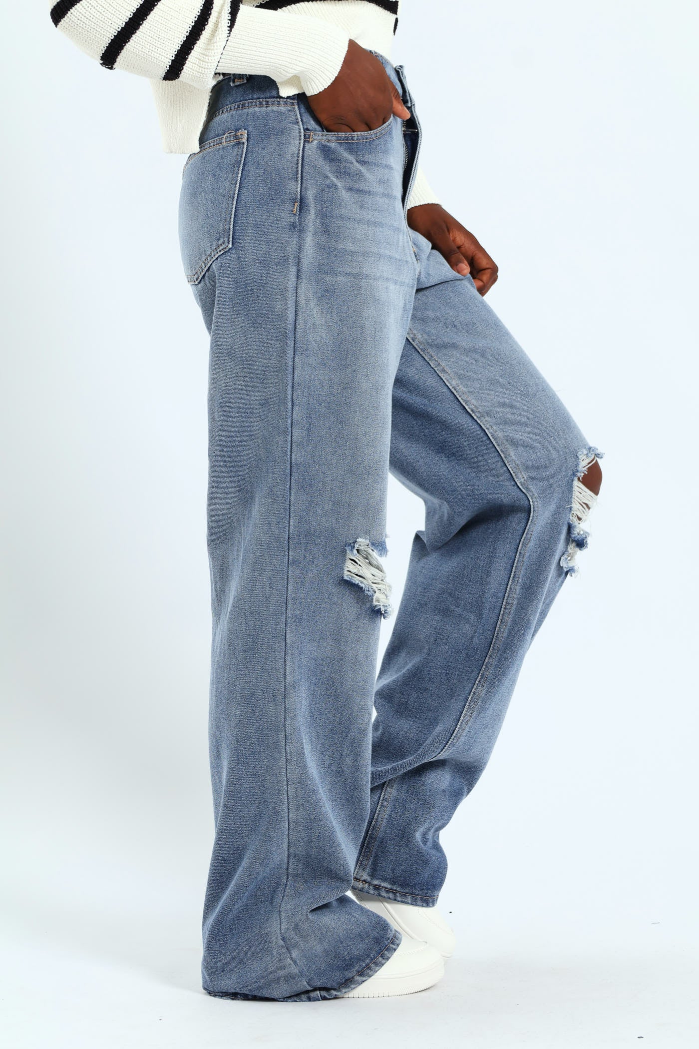 Rip & Repair Regular Rise Wide Leg Denim - Mid Blue - Image 2