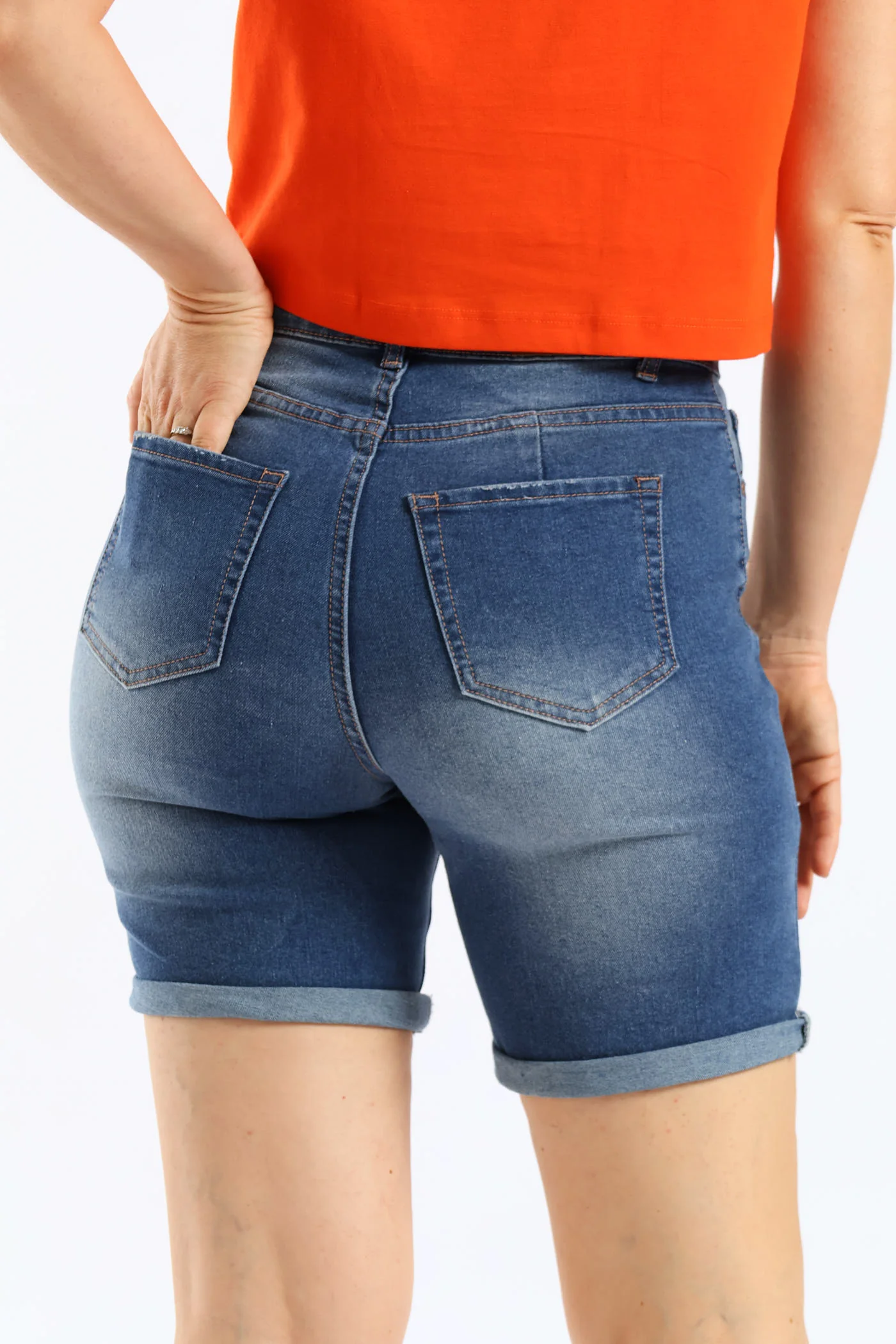 Rip & Repair Roll Hem Bermuda Shorts - Medium Wash - Image 4