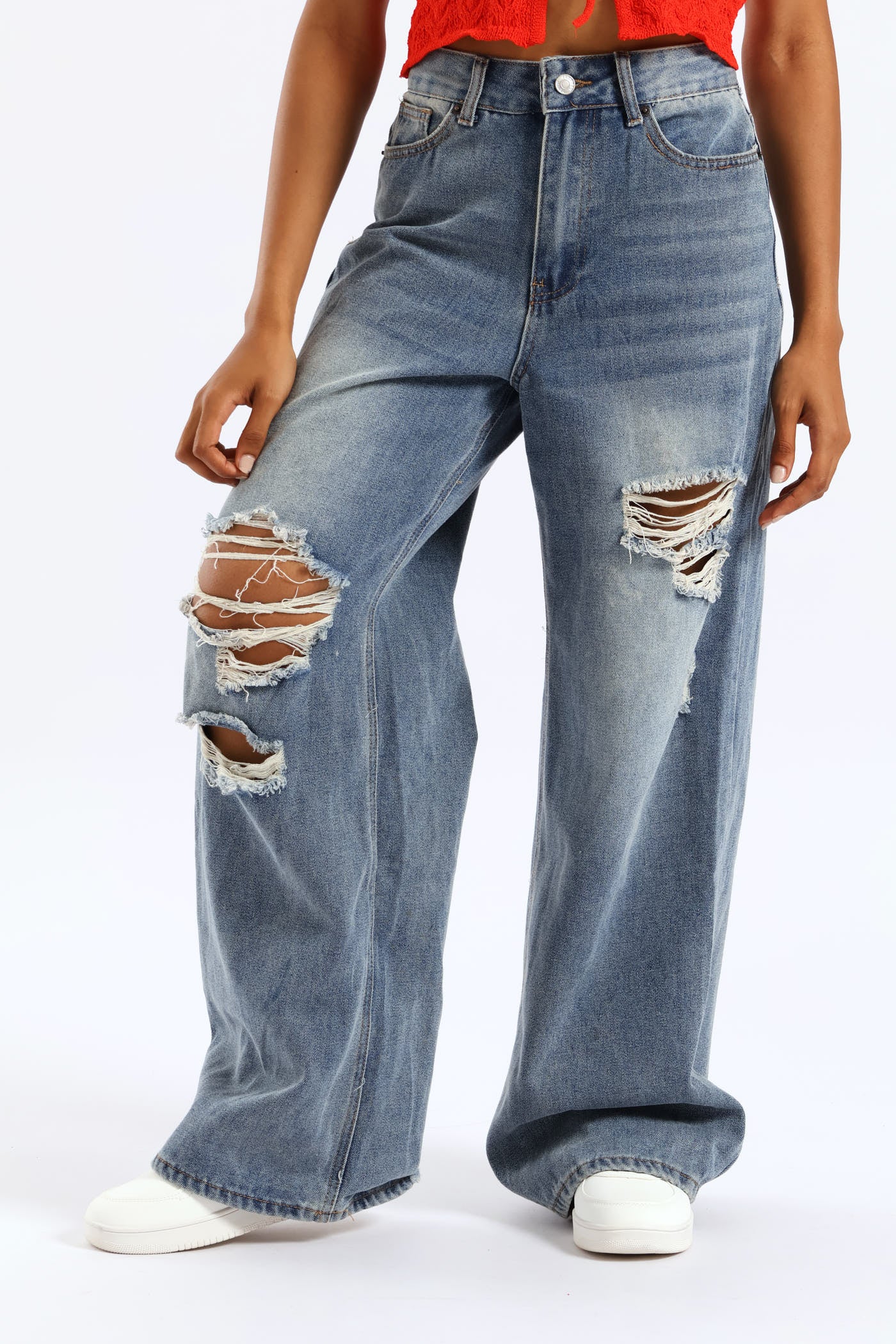 Ripped Baggy Jean - Mid Blue - Image 3