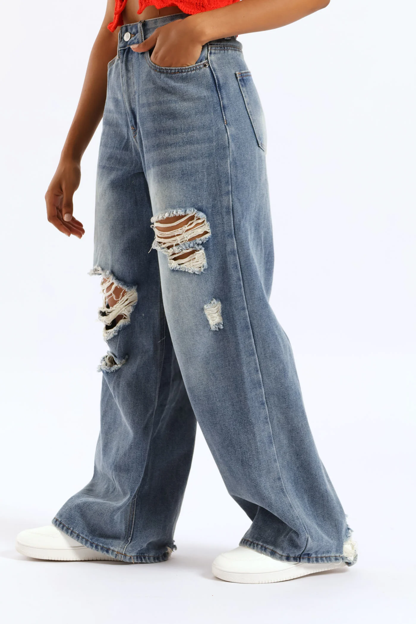 Ripped Baggy Jean - Mid Blue - Image 4