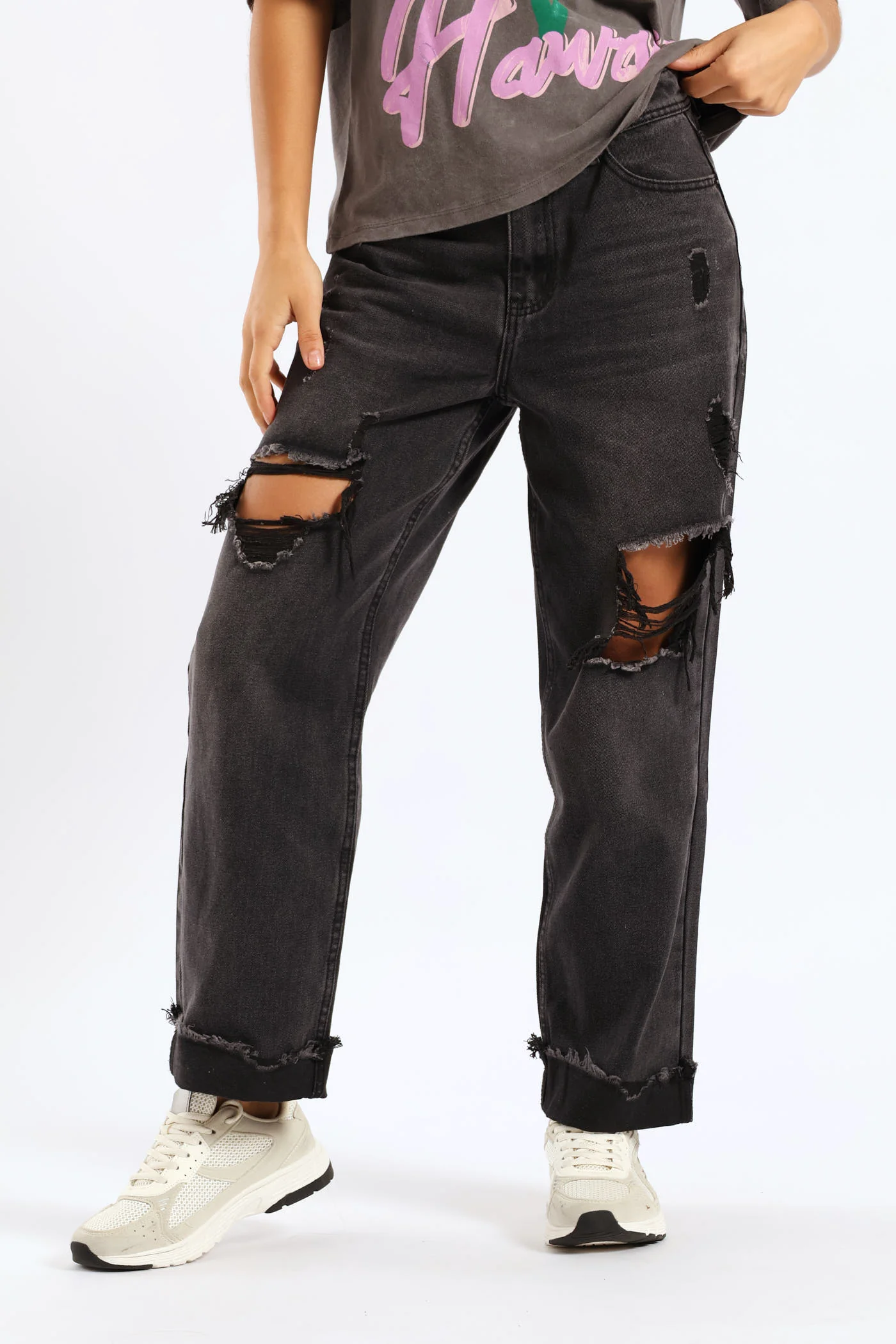 Ripped Knee Boyfriend Jean - Salty Black - Image 2
