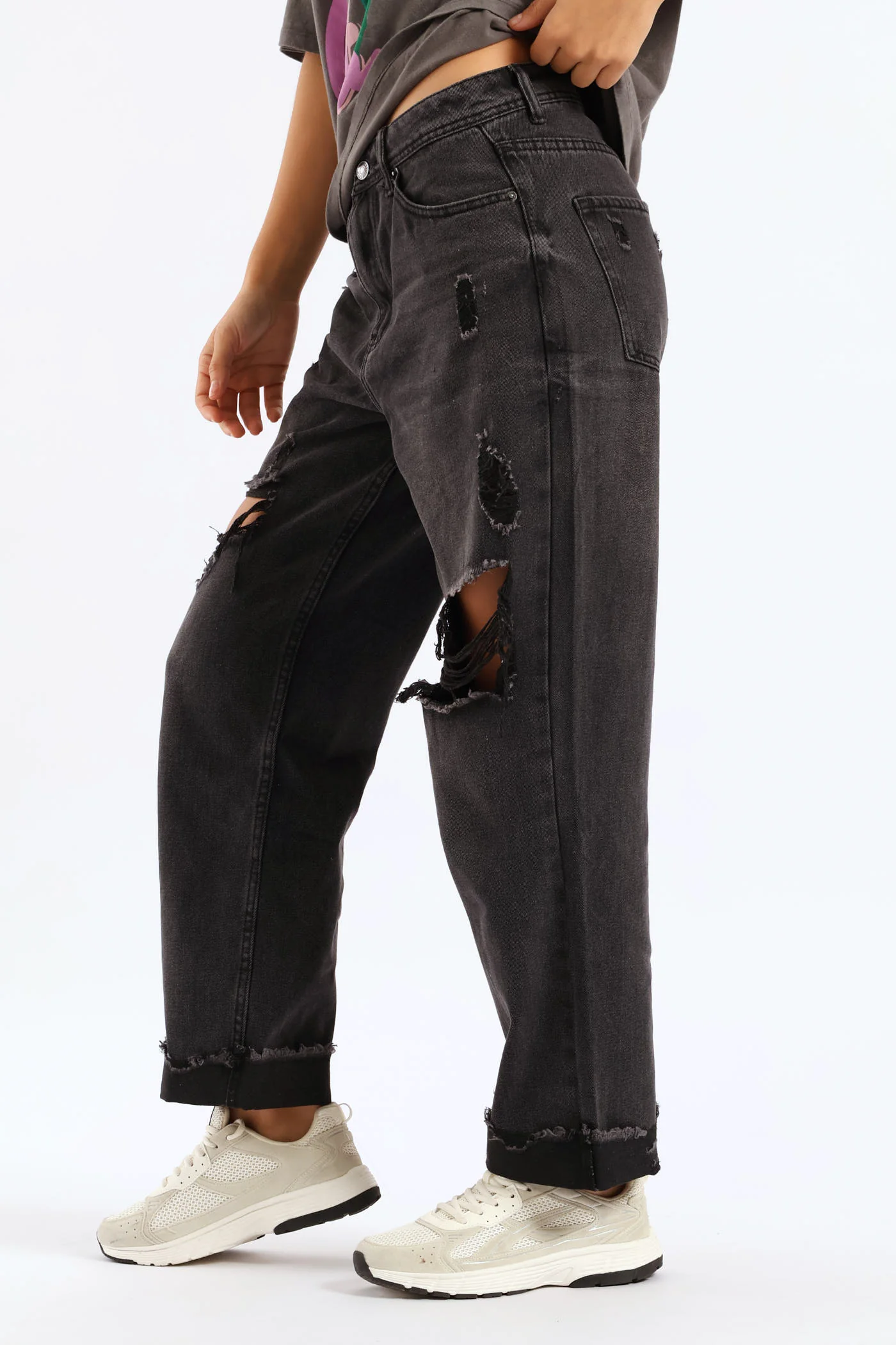 Ripped Knee Boyfriend Jean - Salty Black - Image 3