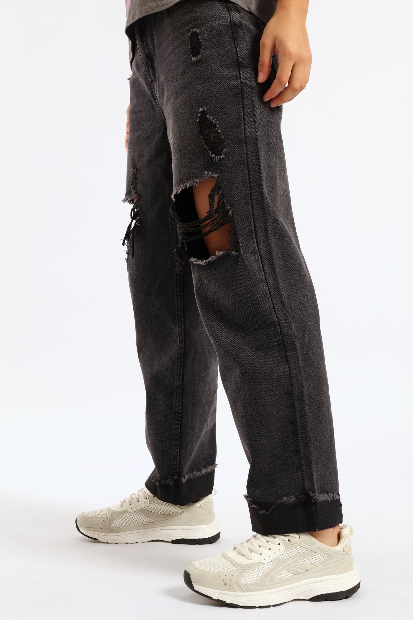 Ripped Knee Boyfriend Jean - Salty Black - Image 5