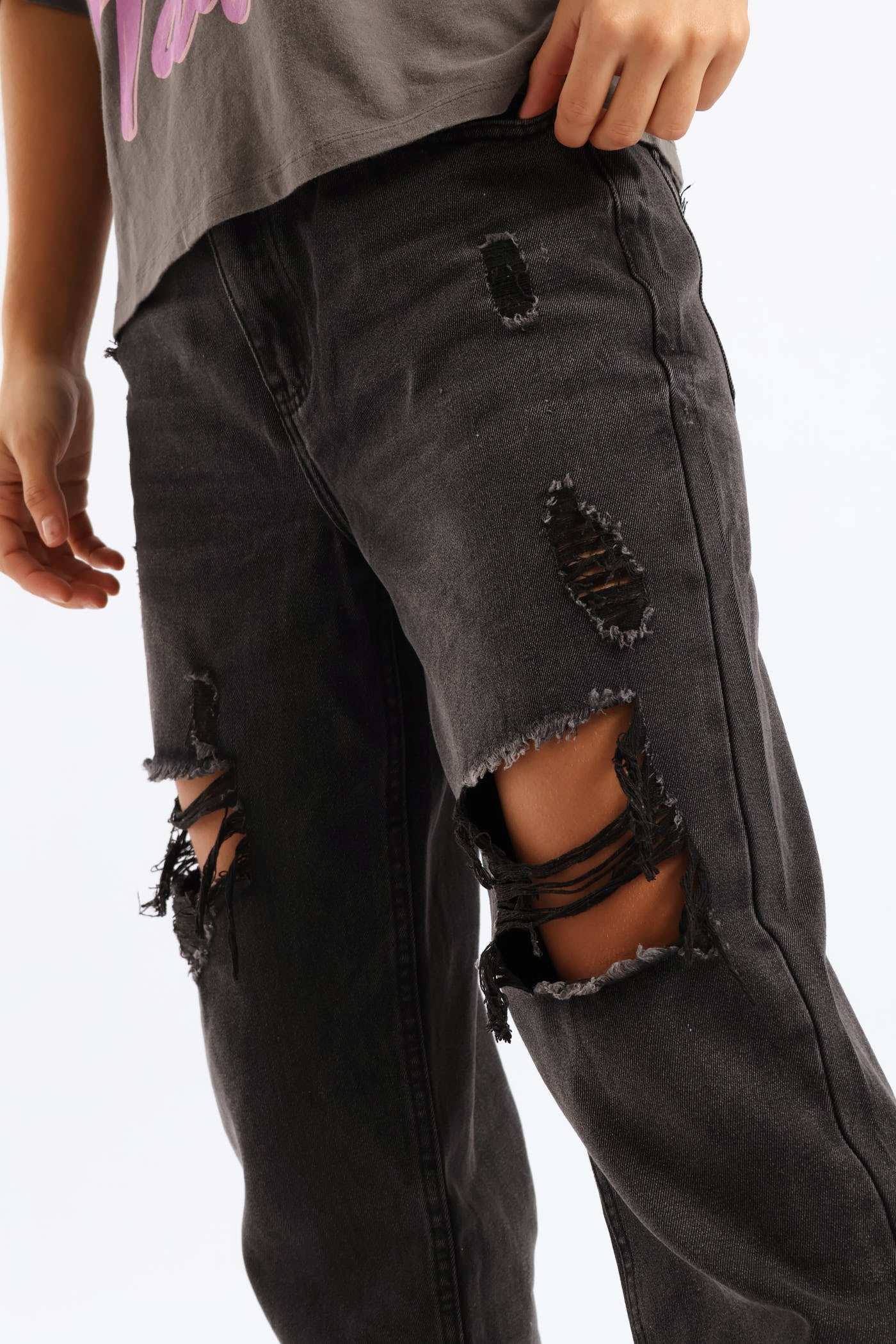 Ripped Knee Boyfriend Jean - Salty Black - Image 6