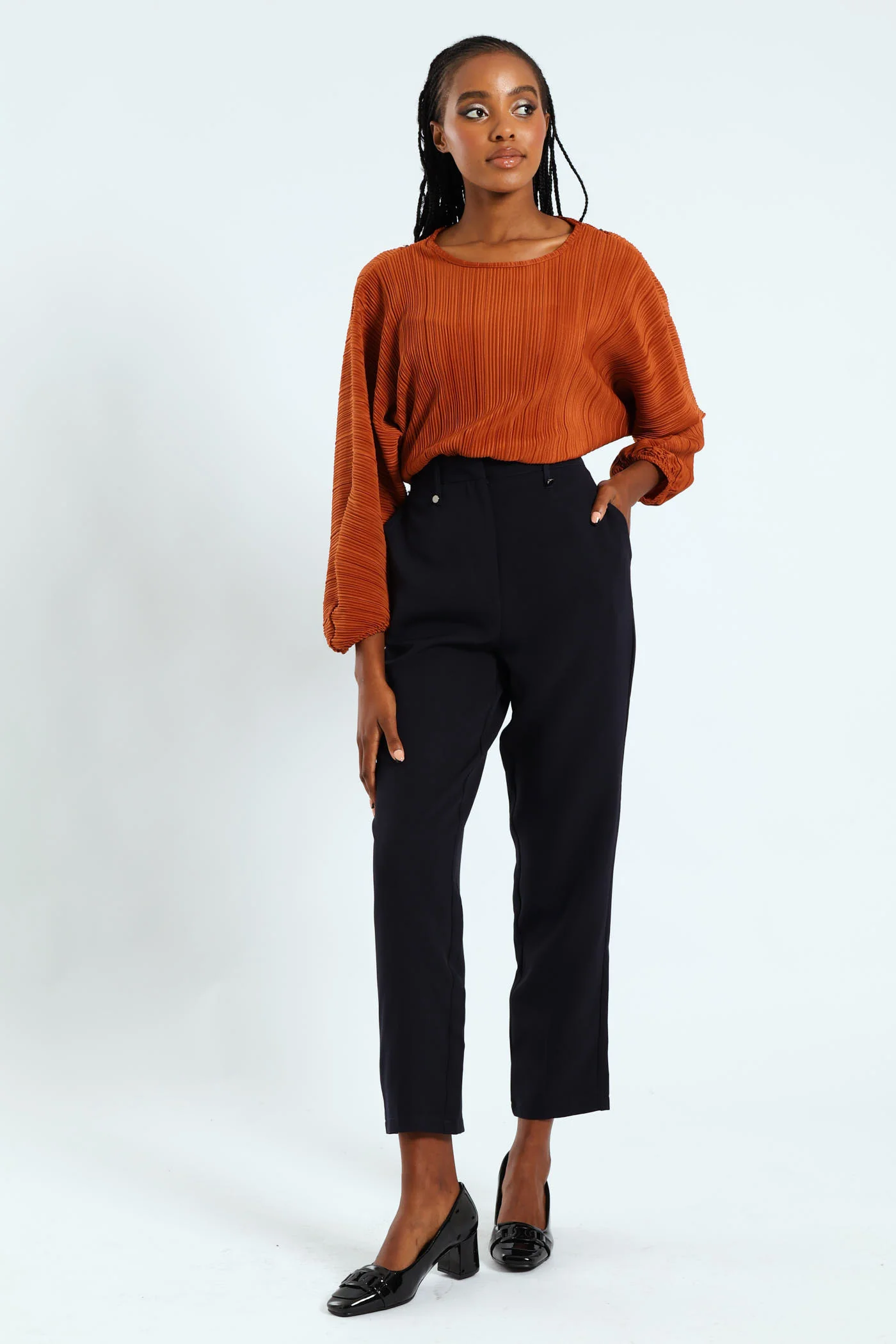 Rivet Detail Slim Leg Pants - Navy - Image 2