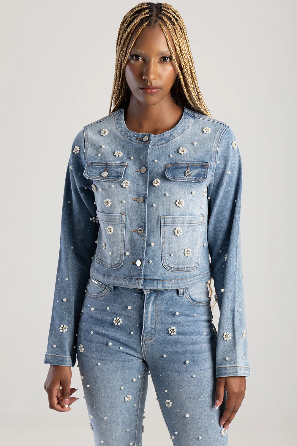 Riveted Pearl Detail Jacket With Front Pockets - Light Wash - Image 5