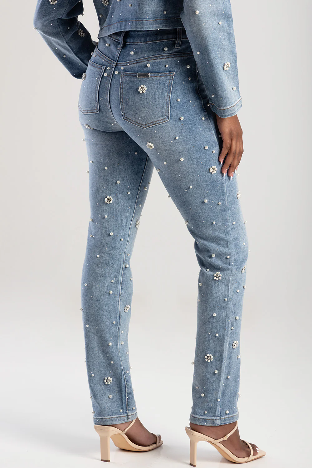 Riveted Pearls & Diamante Detail Mid Waist Skinny Denim - Light Wash - Image 5
