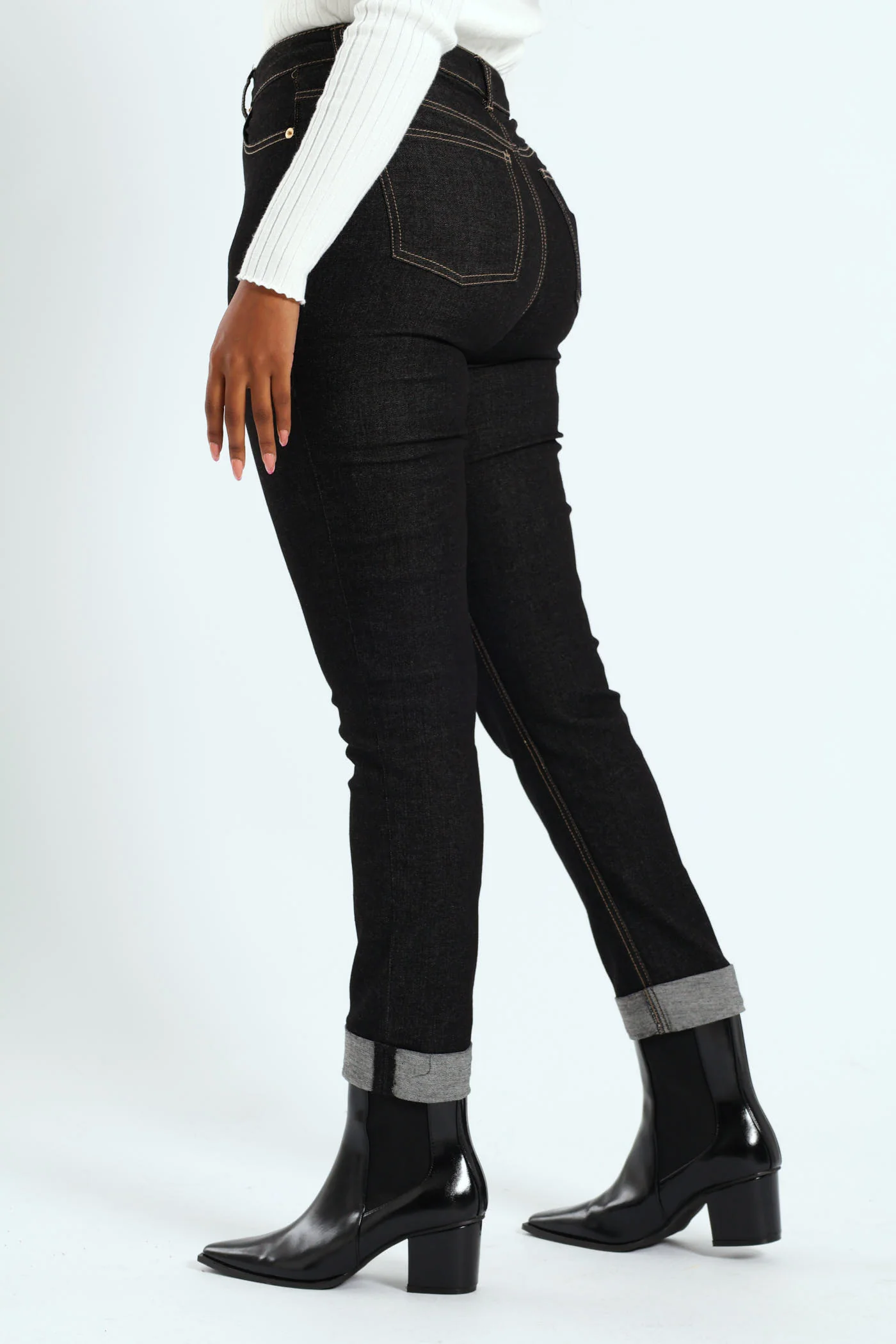 Roll Hem Crease Front Cigarette Denim - Black - Image 2