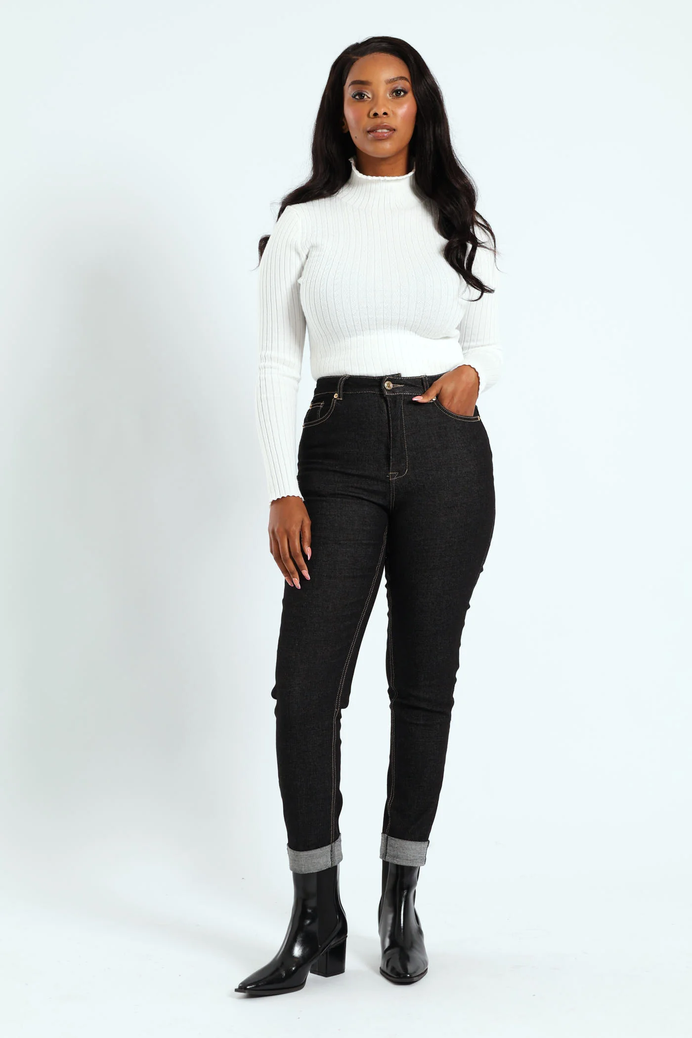 Roll Hem Crease Front Cigarette Denim - Black - Image 4