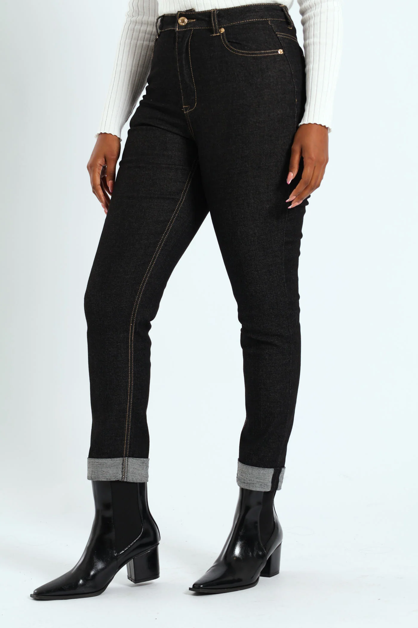 Roll Hem Crease Front Cigarette Denim - Black - Image 5