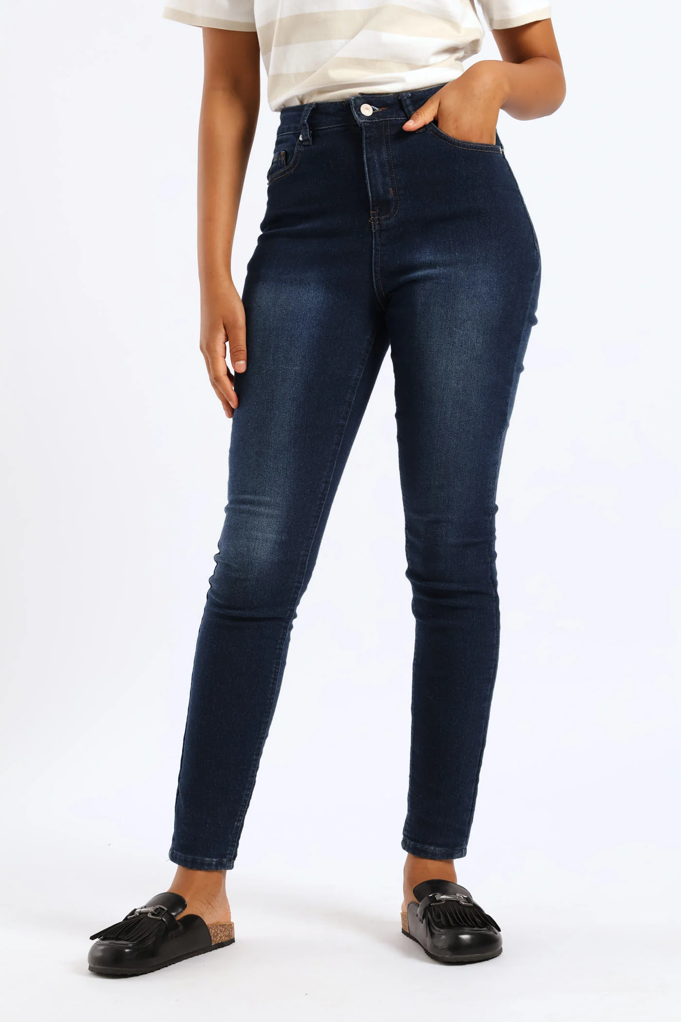 Roll Hem Knit Denim Skinny Leg Jean - Dark Wash - Image 5