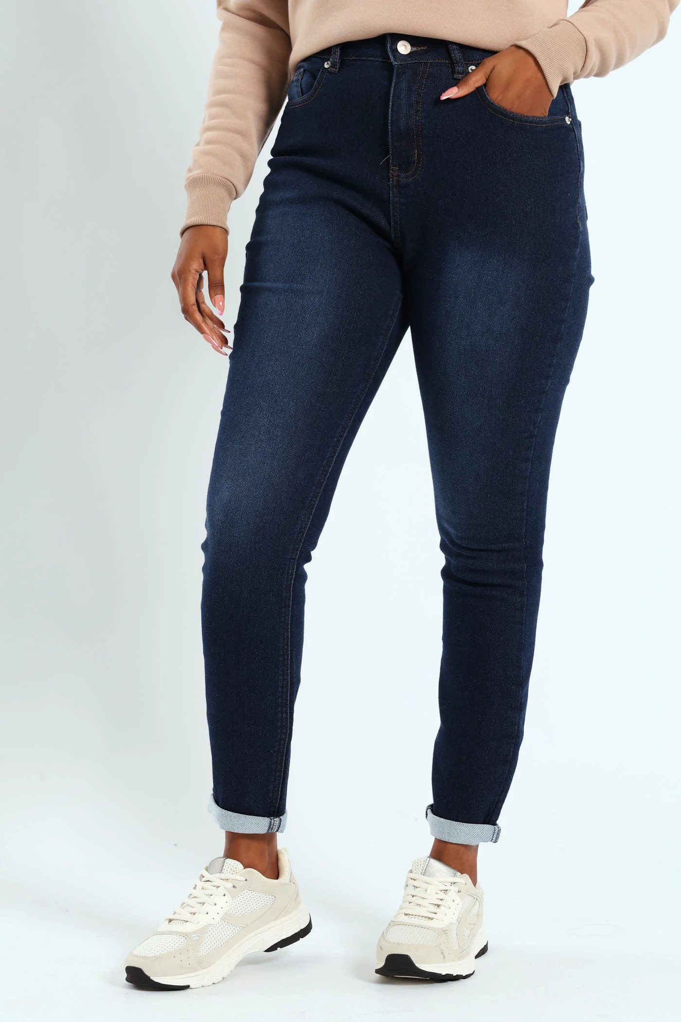 Roll Hem Knit Denim Skinny Leg Jean - Dark Wash - Image 6