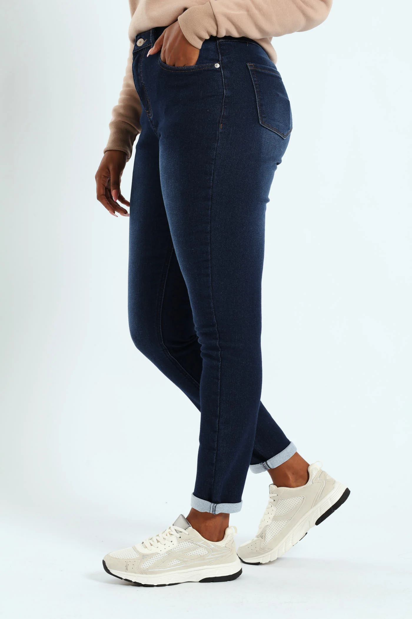 Roll Hem Knit Denim Skinny Leg Jean - Dark Wash - Image 7